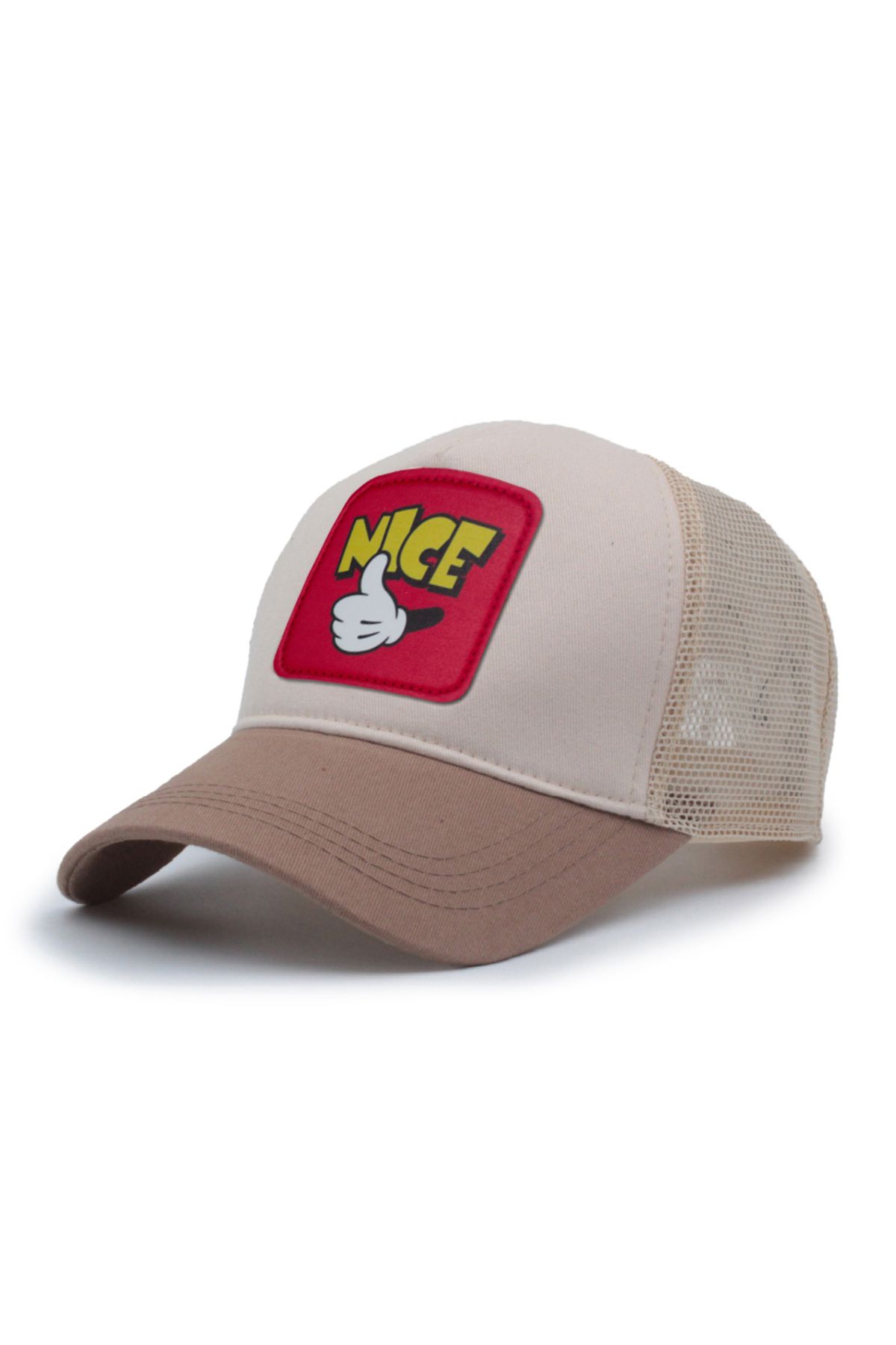 Trucker Mickey Hand Model Değiştirilebilir Armalı Fileli Şapka Kahve Krem