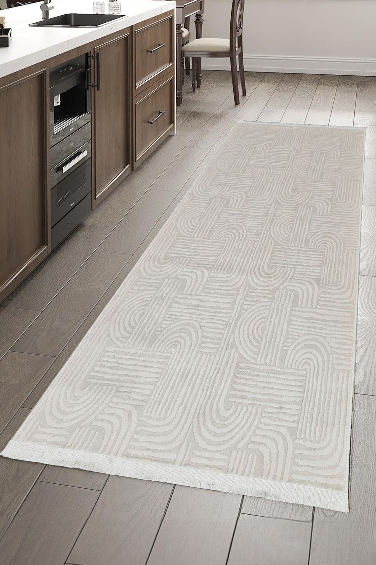 ünalcarpet %100 Akrilik (Yün) Kalın Dokuma Kesme Yolluk Hol Koridor Antre Mutfak Yatak Odası Beyaz