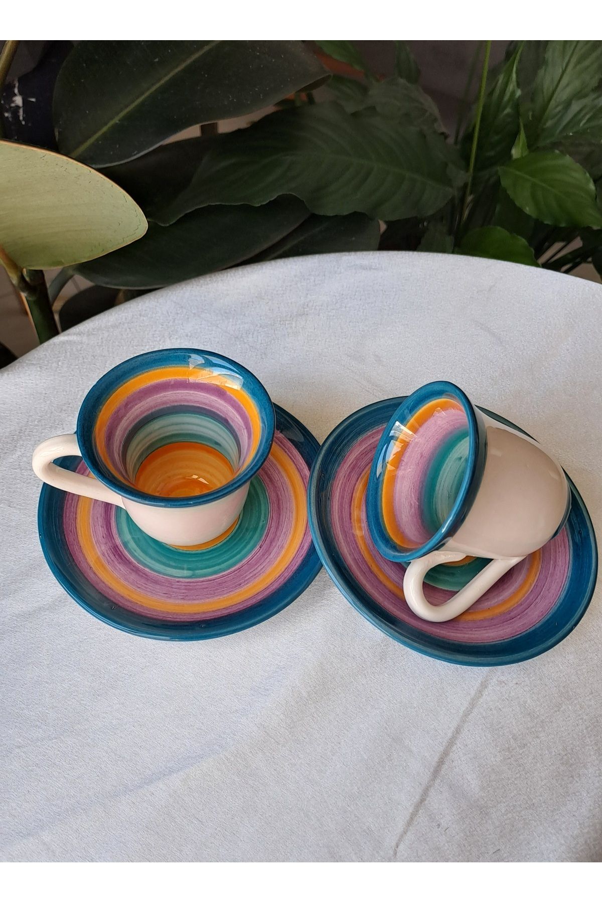 Gonulella-2 Person 4 Piece Colored Ceramic Saucer Coffee Cup - Rainbow Ceramic 4