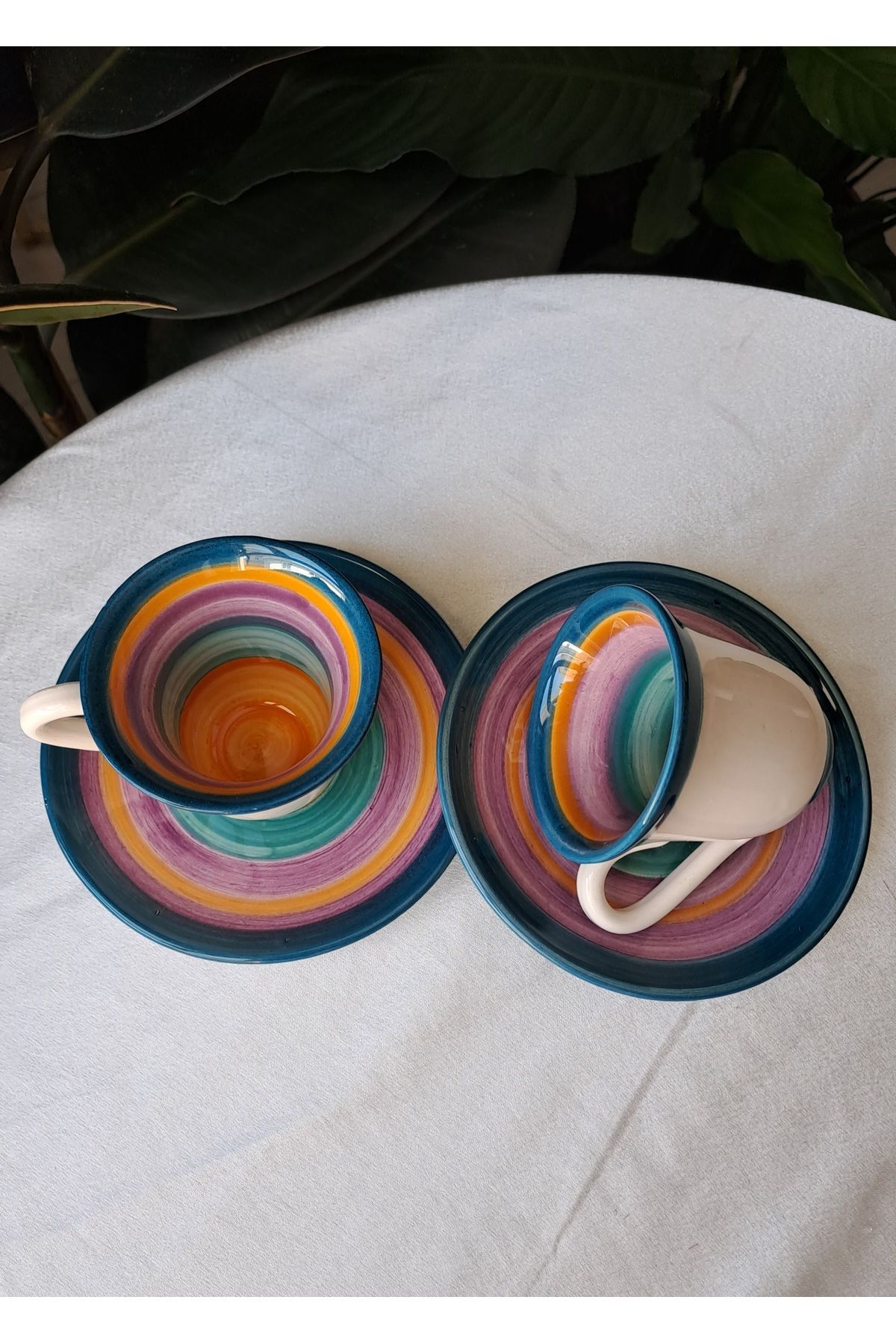 Gonulella-2 Person 4 Piece Colored Ceramic Saucer Coffee Cup - Rainbow Ceramic 2
