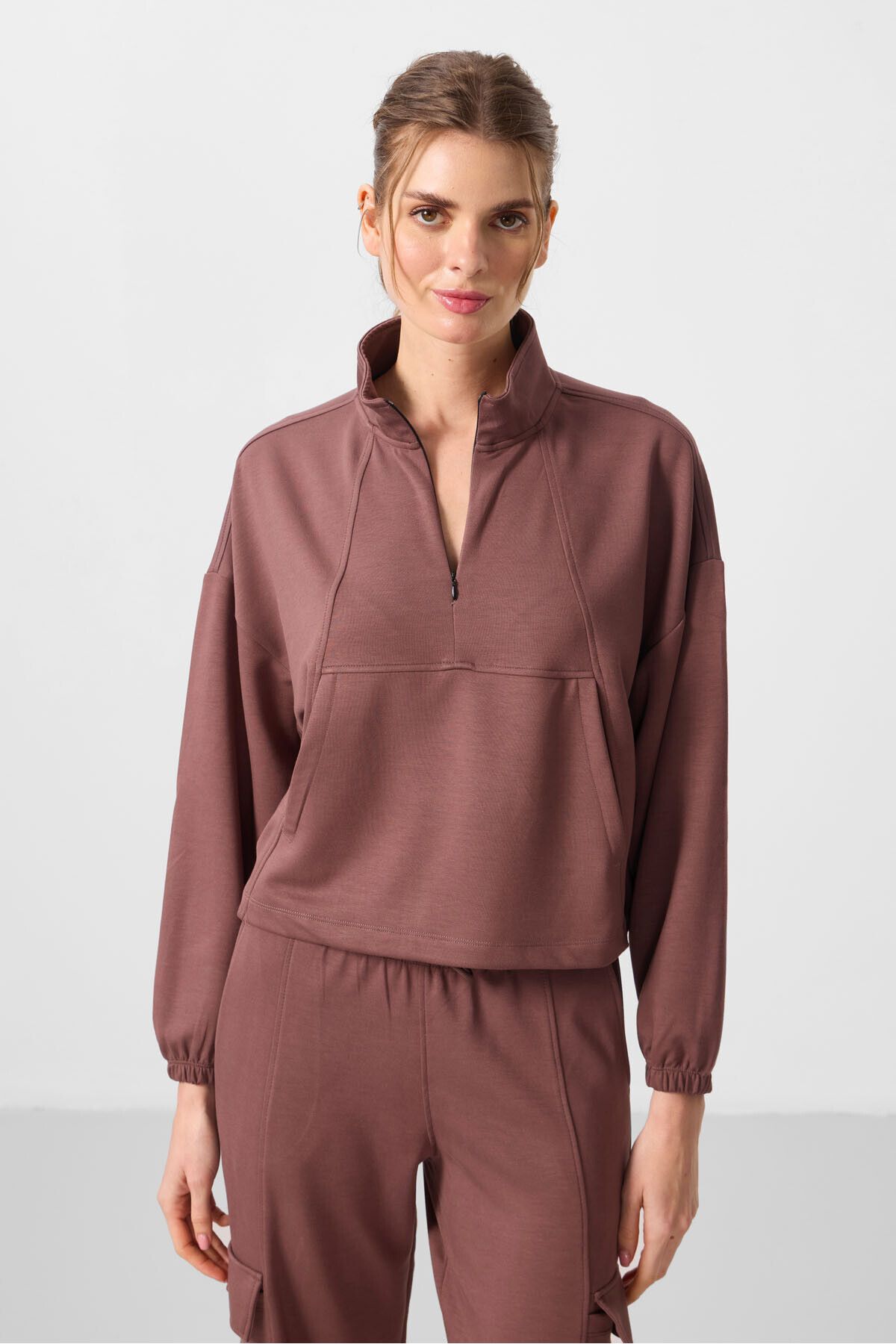 TOMMY LIFE-Brown Soft Textured Stand Collar Hidden Zipper Oversize Women's Tracksuit - 95351 3
