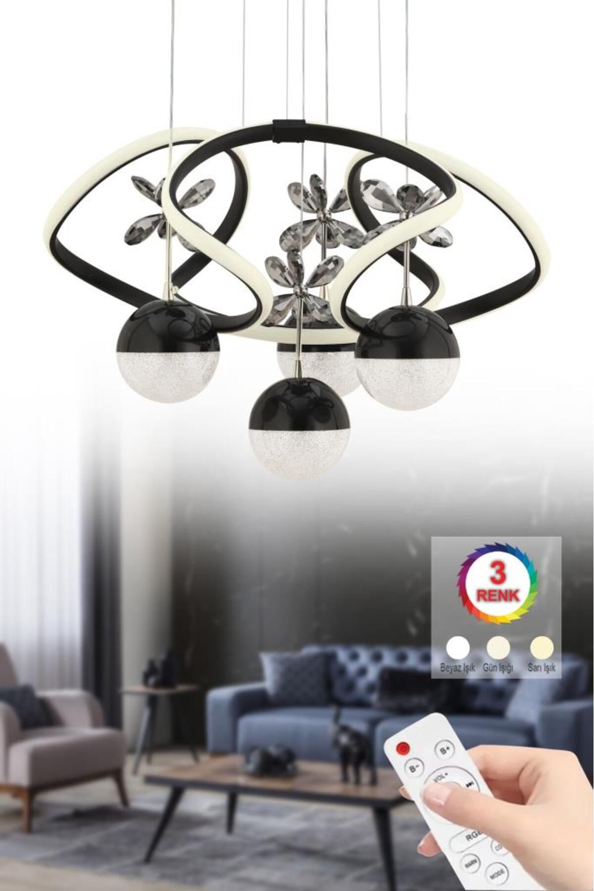 İstanbul Avize İstanbul Avize Rodin Siyah Kumandalı 3 Renk Ledli Kristal Taşlı Led Avize