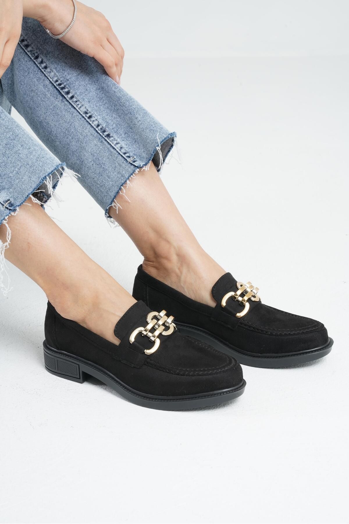 Beyond-Women's Black Suede D Buckle Loafer 3cm Byndlfrk01 Moccasin Shoes 2