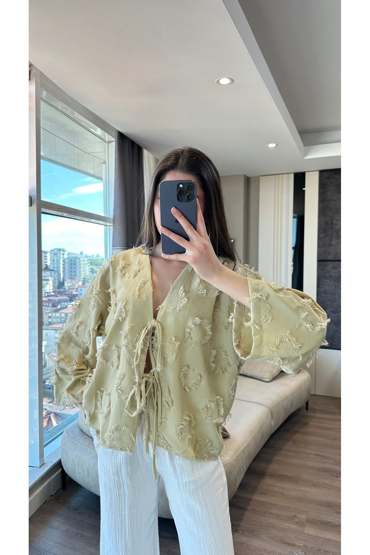DUBAİ Püsküllü Bağlamalı Kadın Keten Kimono