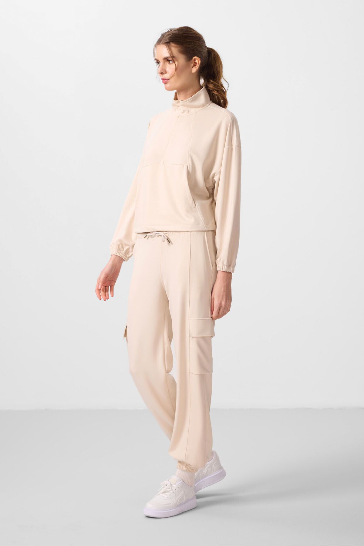 TOMMY LIFE-Beige Soft Stand Collar Oversize Women's Tracksuit Set 95351 5