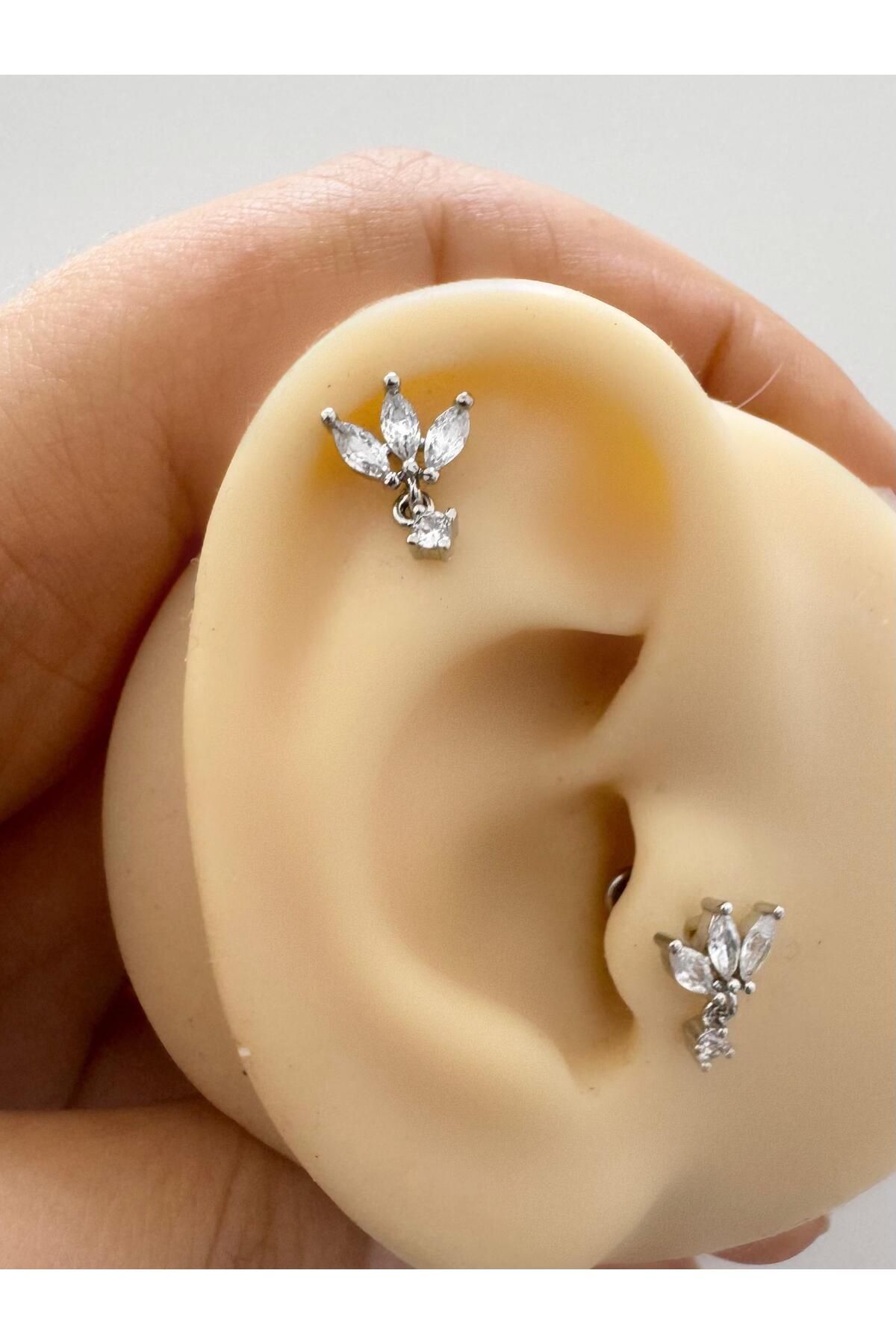 Arescollection-1 Piece Zircon Stone Plain Back Front Attached Tragus Helix Lobe Conch Compatible Piercing Earring 3