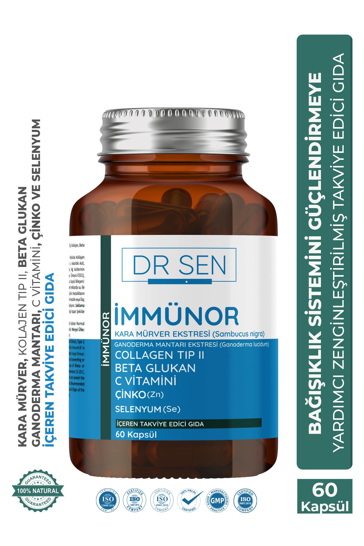DR ŞEN Immunor Probiyotik Kolajen Tip II Beta Glukan C Vitamini Çinko Selenyum Kara Mürver 60 Kapsül