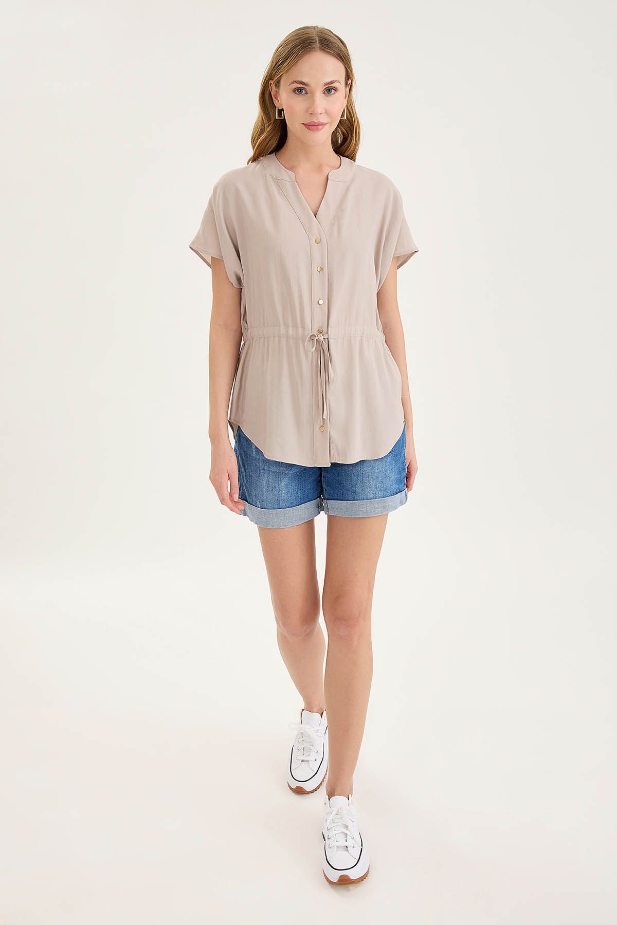 Vitrin-Modal Blouse with Shirred Waist and Buttons 2