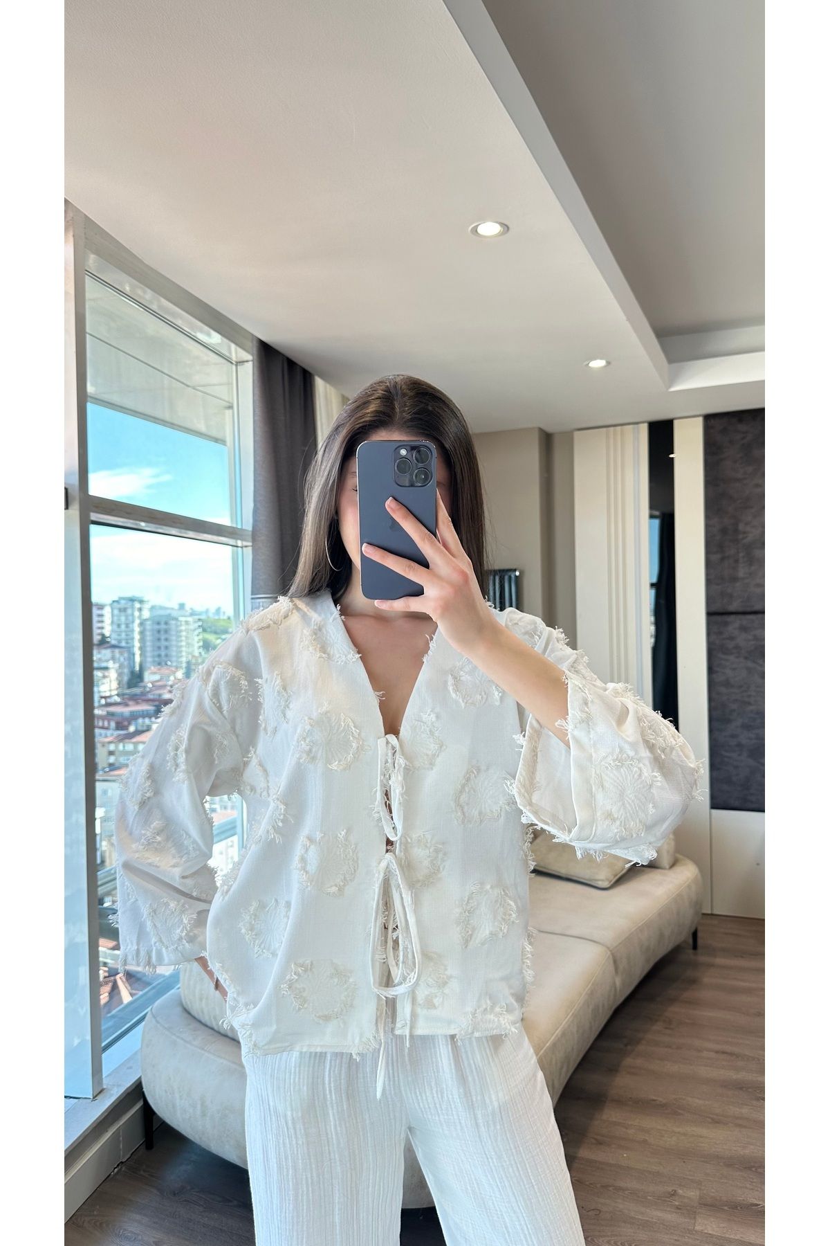 DUBAİ Püsküllü Bağlamalı Kadın Keten Kimono