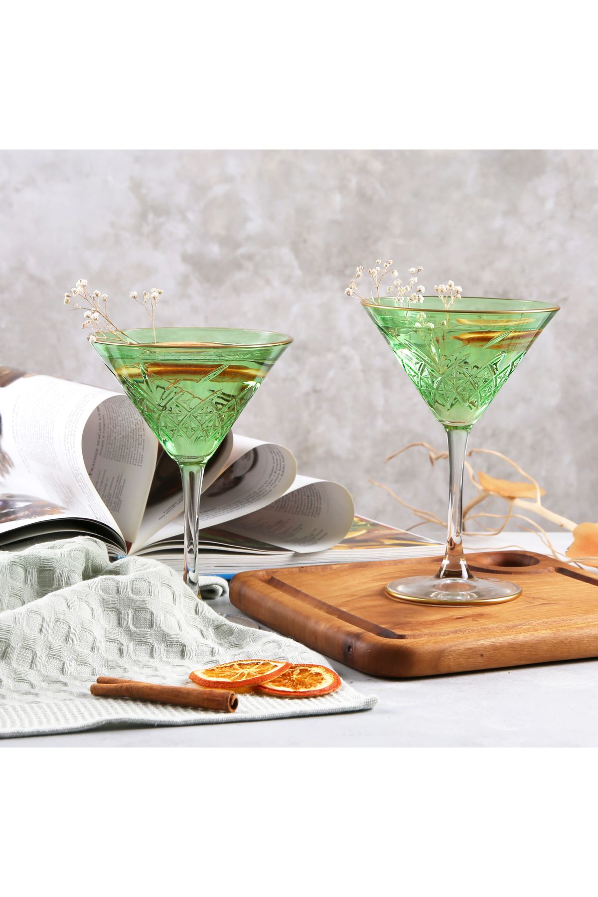 ADAMODART-Gilded Decorated Martini Cocktail Glass & Goblet Set of 2 - Green 4