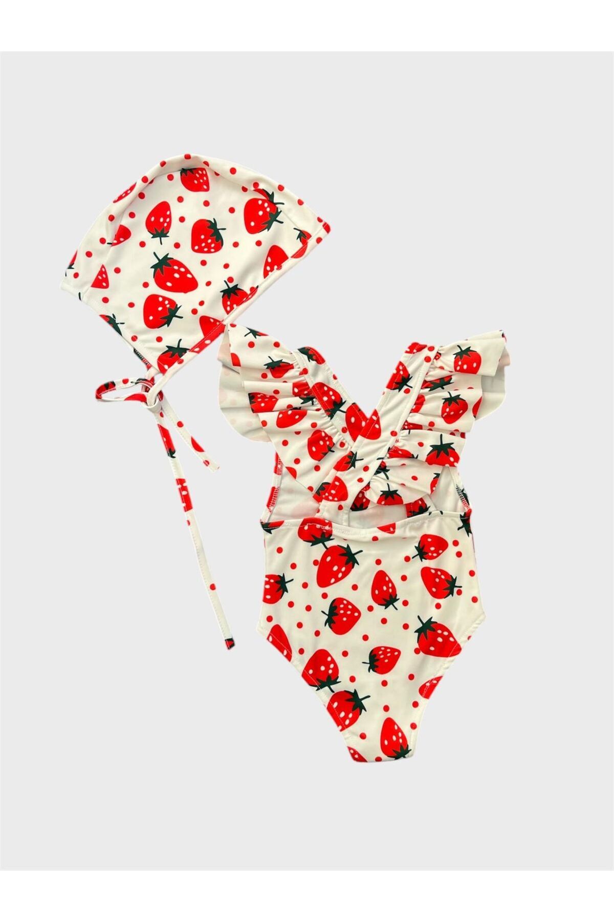 ALİŞ KİDS-Girl's White Strawberry Patterned Cross Strap Ruffled Bonnet Swimsuit 2