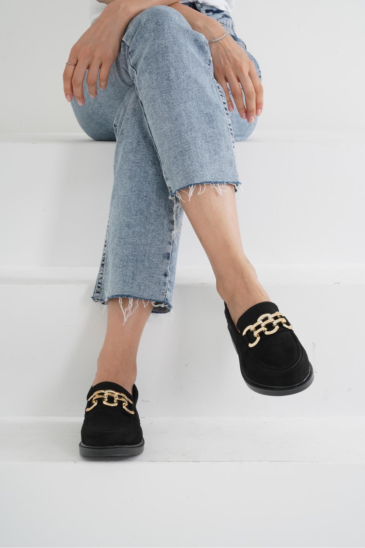 Beyond-Women's Black Suede D Buckle Loafer 3cm Byndlfrk01 Moccasin Shoes 3