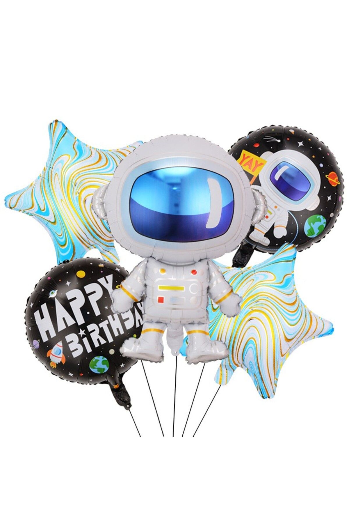 Flippy Baloane La Multi Ani, Set 5 Buc, 1 Astronaut, 2 Stele, 2 Rotunde, Pai Incluse, 78 X 45 Cm Albastru - One Size