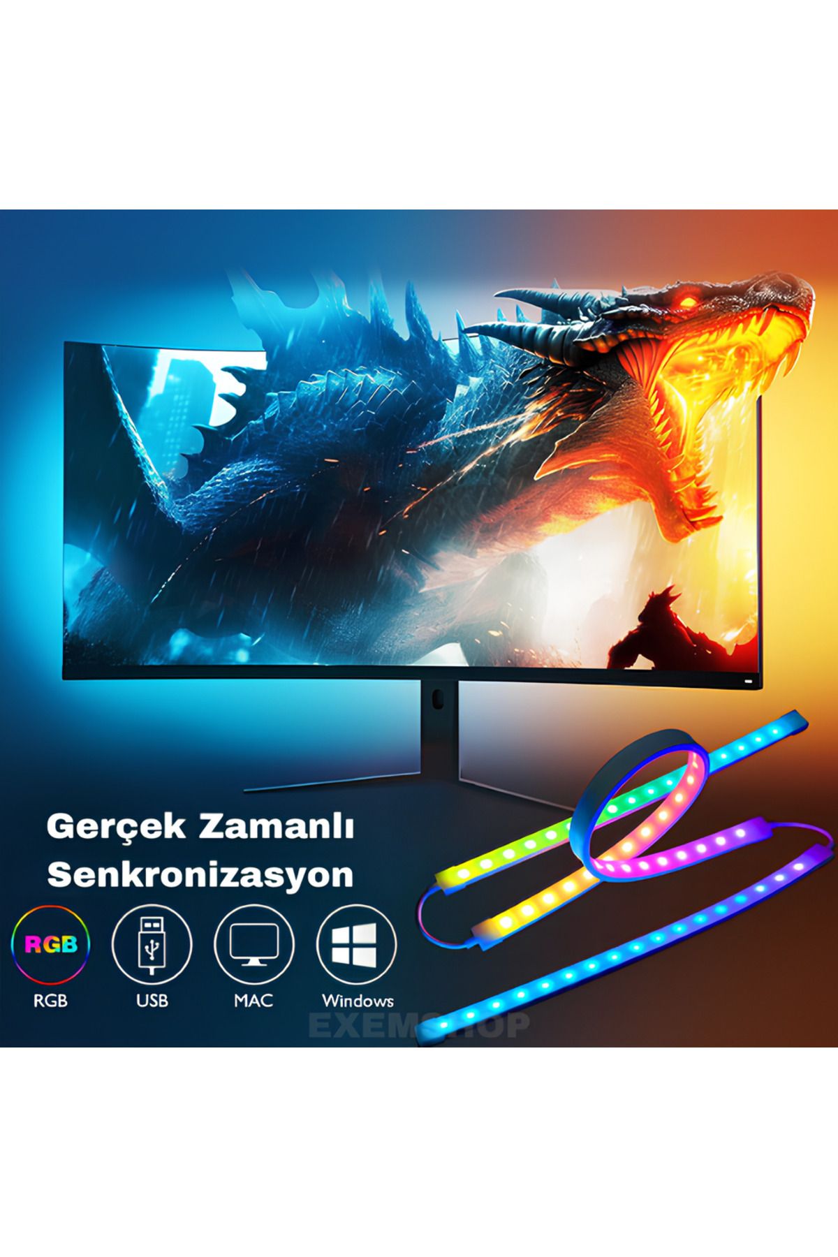 Exem Shop Bilgisayar Ambilight Işığı Görüntüye Duyarlı Ambilight LED 34 İnç Uyumlu