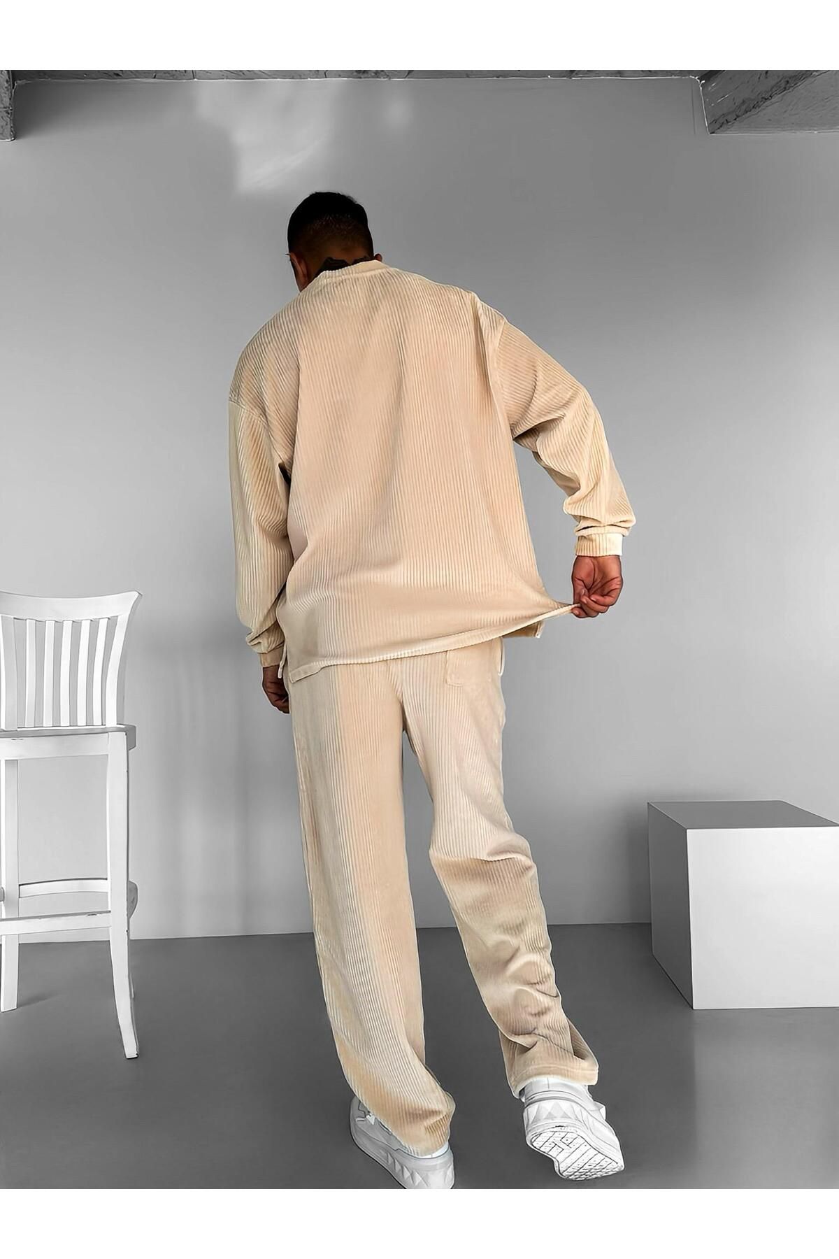 ablukaonline-Jogger pentru bărbați bej - Pantaloni din velur elastic, confortabili, cu talie elastică 6