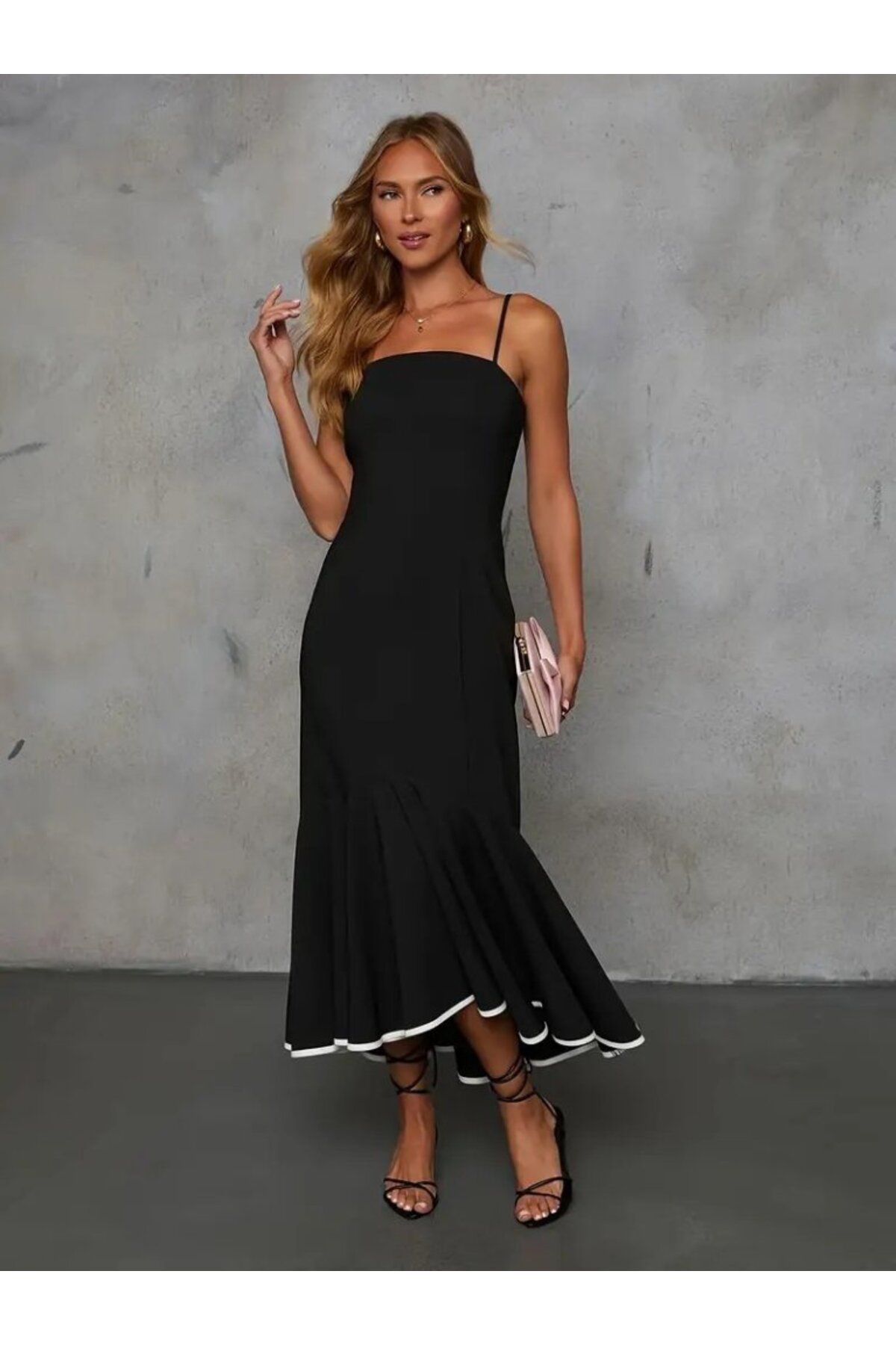 velmorafashion Kadın Ip Askılı Straplez Kesim Detay Maksi Boy Janjan Krep Elbise