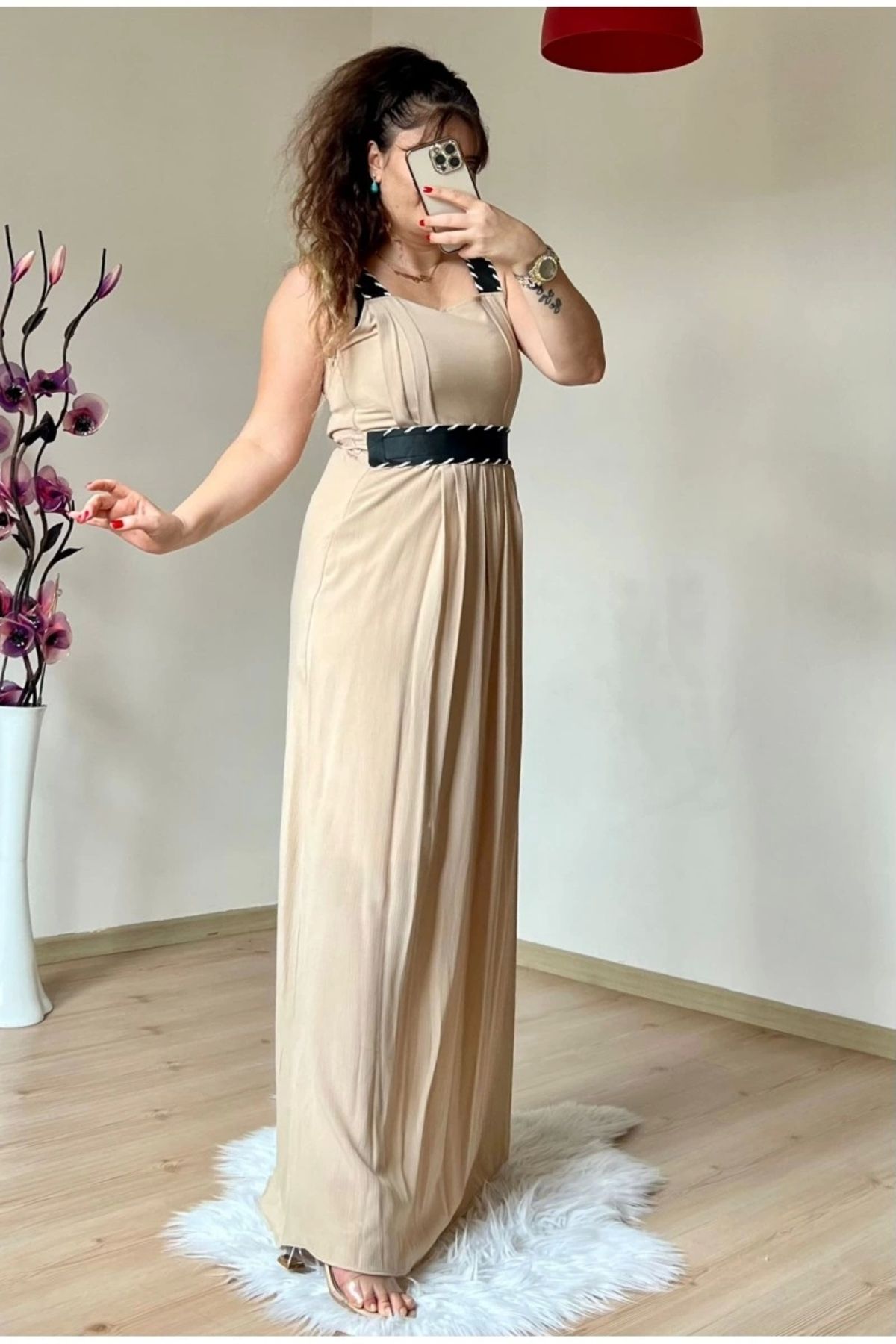 AZRA BUTİK-Strappy Leather Belt Dress Beige 4