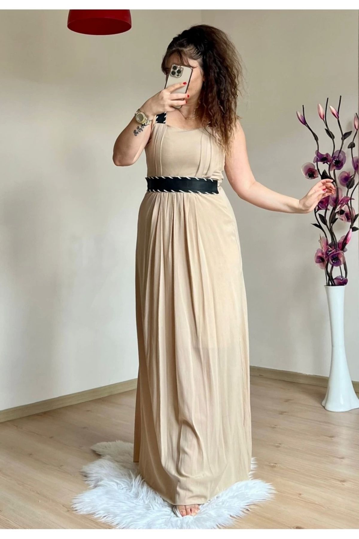 AZRA BUTİK-Strappy Leather Belt Dress Beige 2
