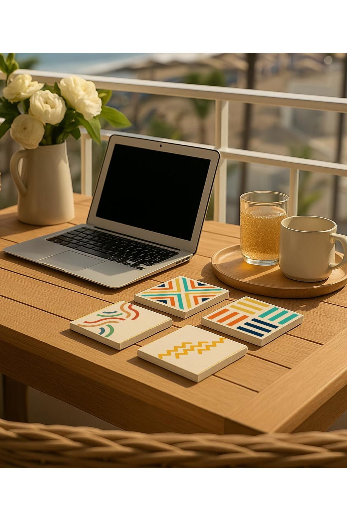 arslart Modern Geometrik Desenli Renkli Doğal Taş Bardak Altlığı 4’lü Set, Şık Masa Sunum Ürünü