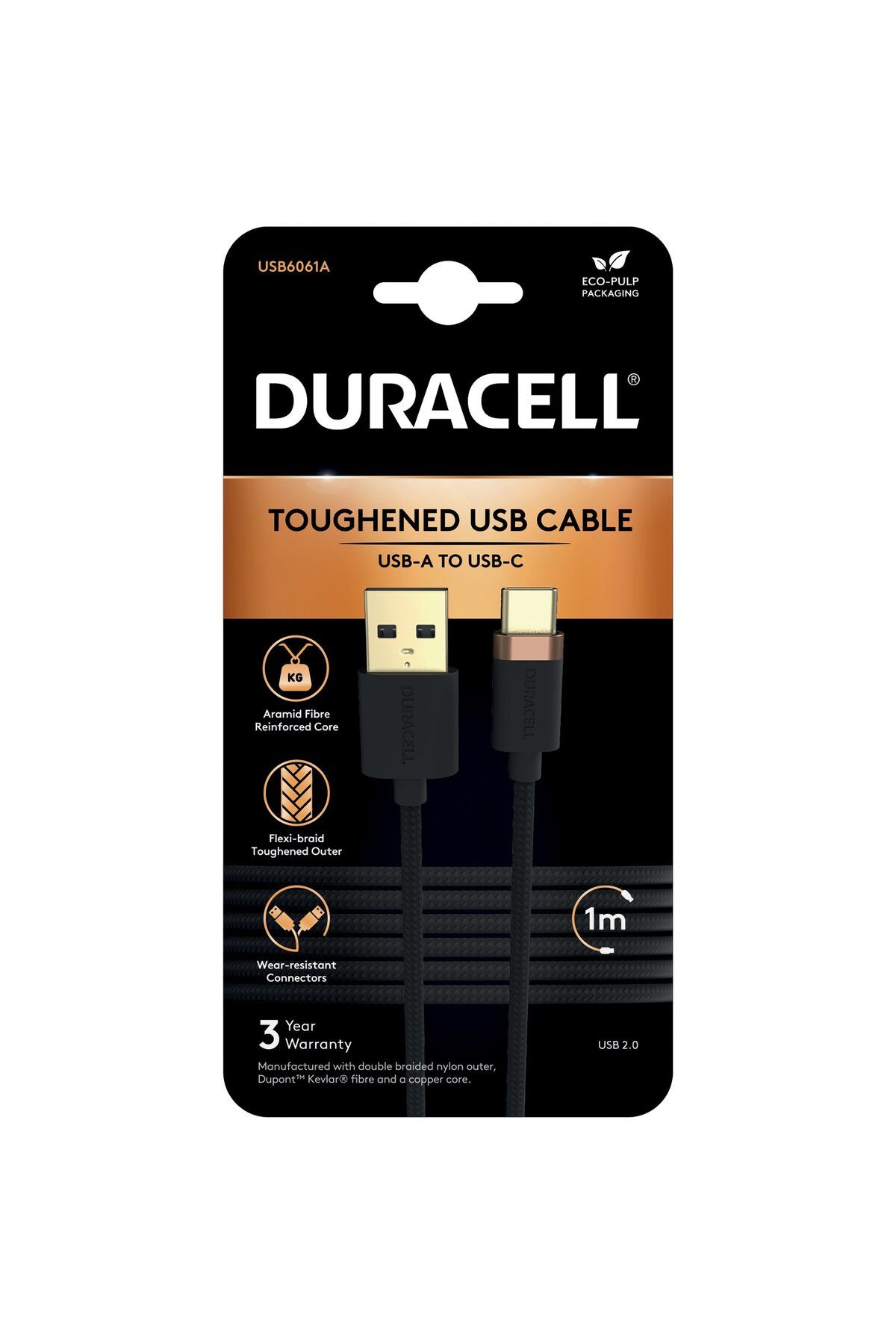 Duracell-Cablu Duracell, USB-A to USB-C, 1m, data transfer 480Mbps, fibra Dupon Kevlar, miez de cupru, Negru 1