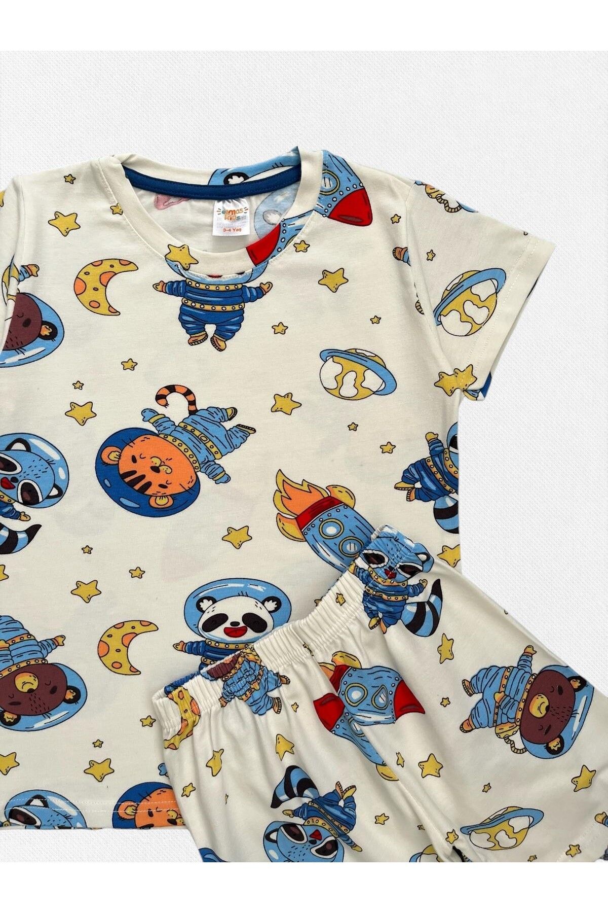 elmas kids-Set de pijamale cu mânecă scurtă pentru băiat, 100% bumbac, ecru, astronaut, model de rachetă spațială, cu tematică de noapte 3