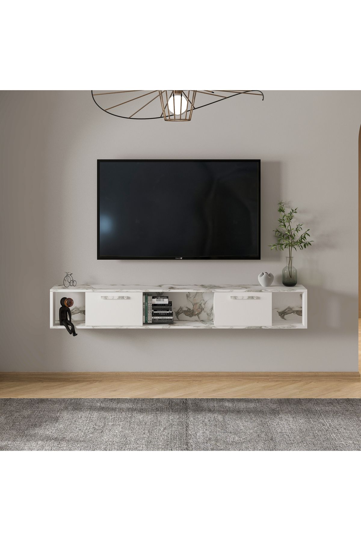 İNARCH DİZAYN T006 Viero Mermer Desenli Duvara Monte TV Ünitesi – 160 cm, Kapaklı Raflı Beyaz/Beyaz Mermer