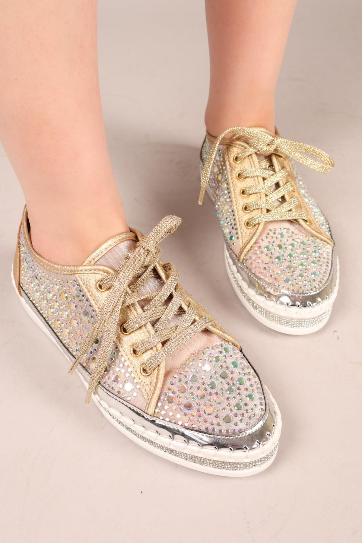 Birikon ECLİPSE Bağcıklı Taşlı Sneakers GOLD