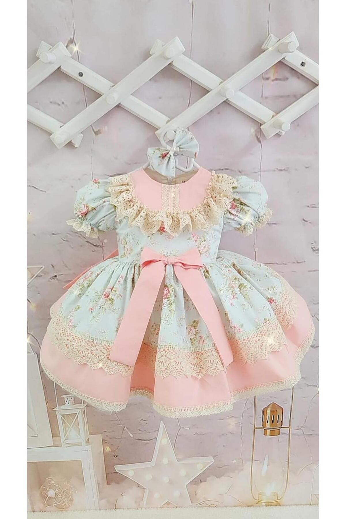 Hly Karol Tasarım Mint Yeşili Somon Güllü Vintage Bebek Elbise,Doğum günü elbise,fotoğraf çekim elbise,0-12 Yaş Uygun fotoğrafı 2 (önizleme)