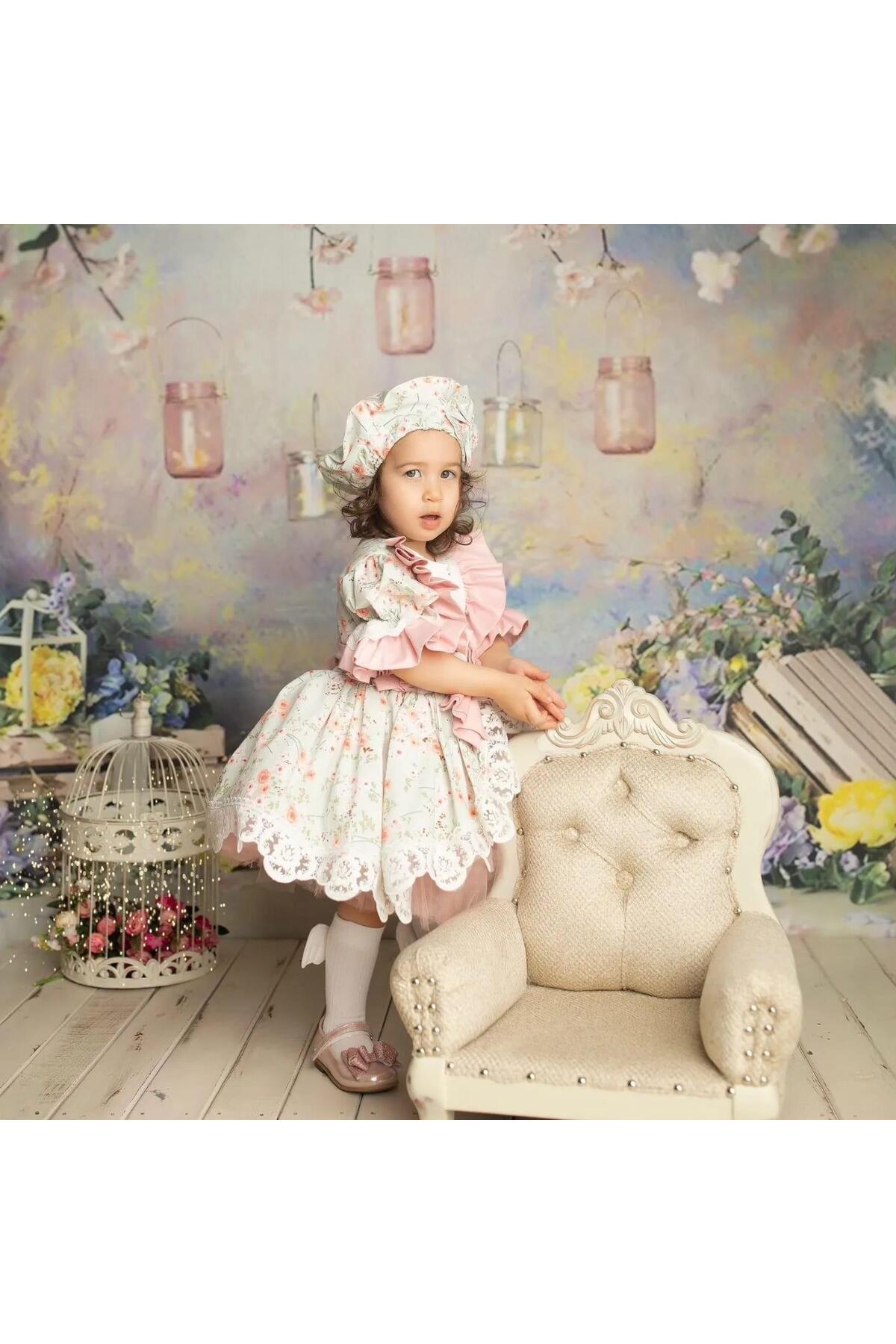 Hly Karol Tasarım Somon Mint Çiçekli Vintage Kız Bebek Elbisesi, Özel Dikim Kız Çocuk Elbisesi, Doğum Günü Elbisesi, F