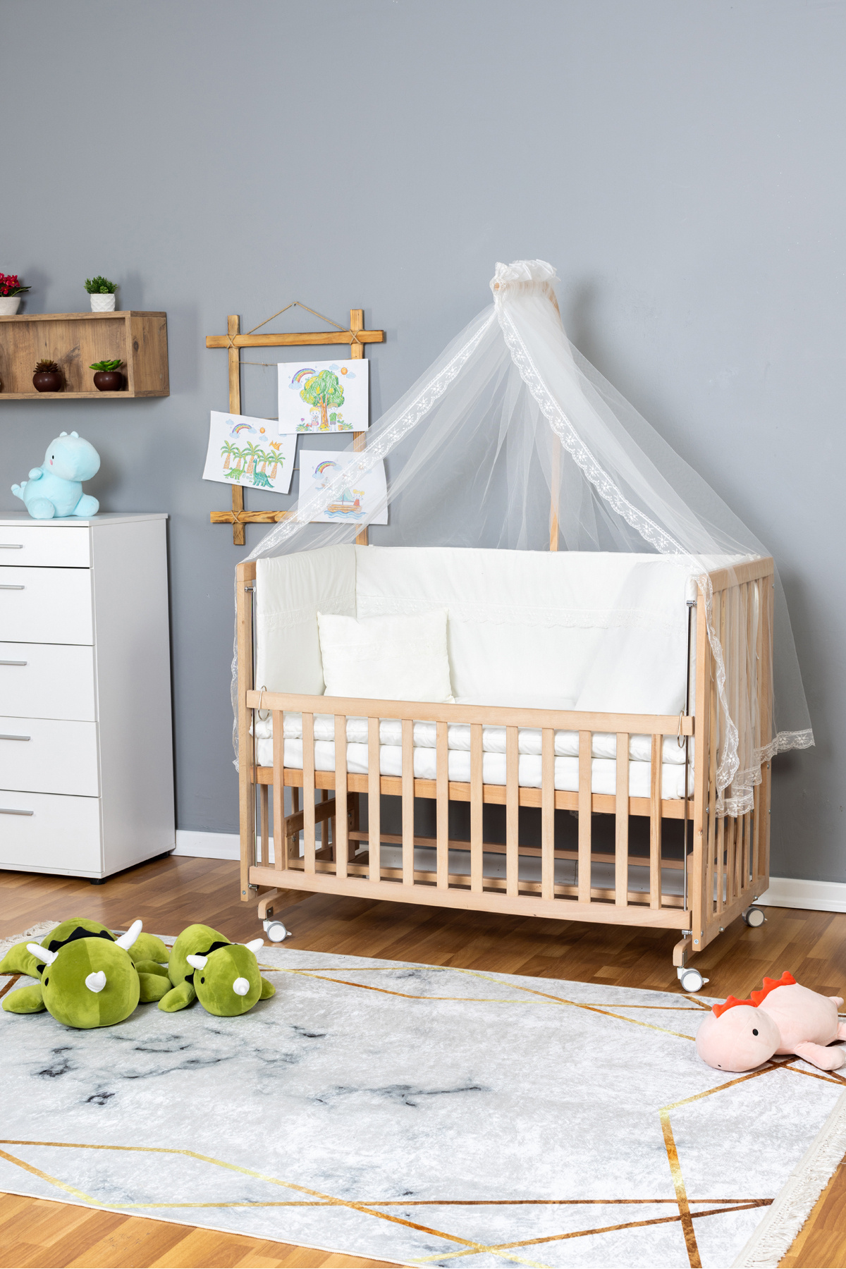 Bamgidoo Doğal Ahşap Beşik Anne Yanı Beşik Organik 70x130 - Krem Güpür Uyku Seti Yataklı Tekerlekli