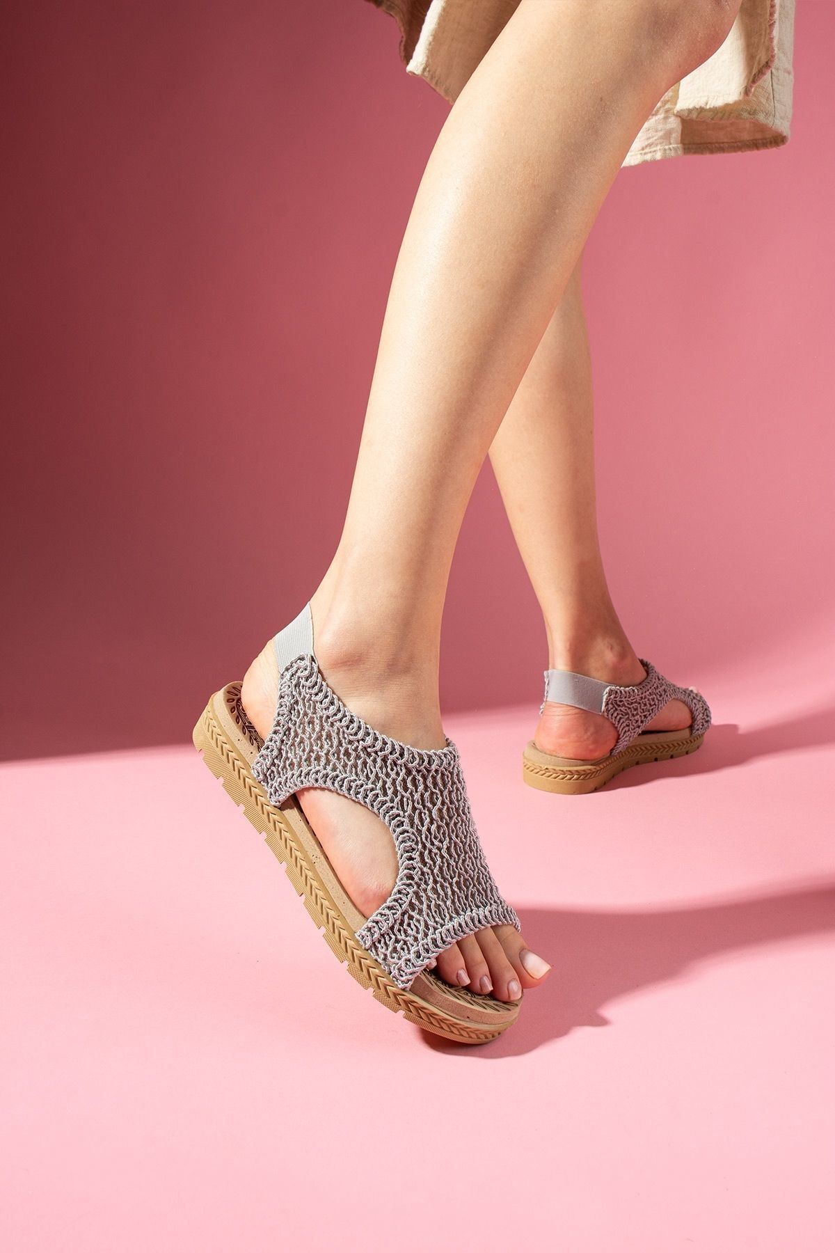 FUGA MODA Suntri Gri Arkadan Lastikli Triko Örgü Sandalet