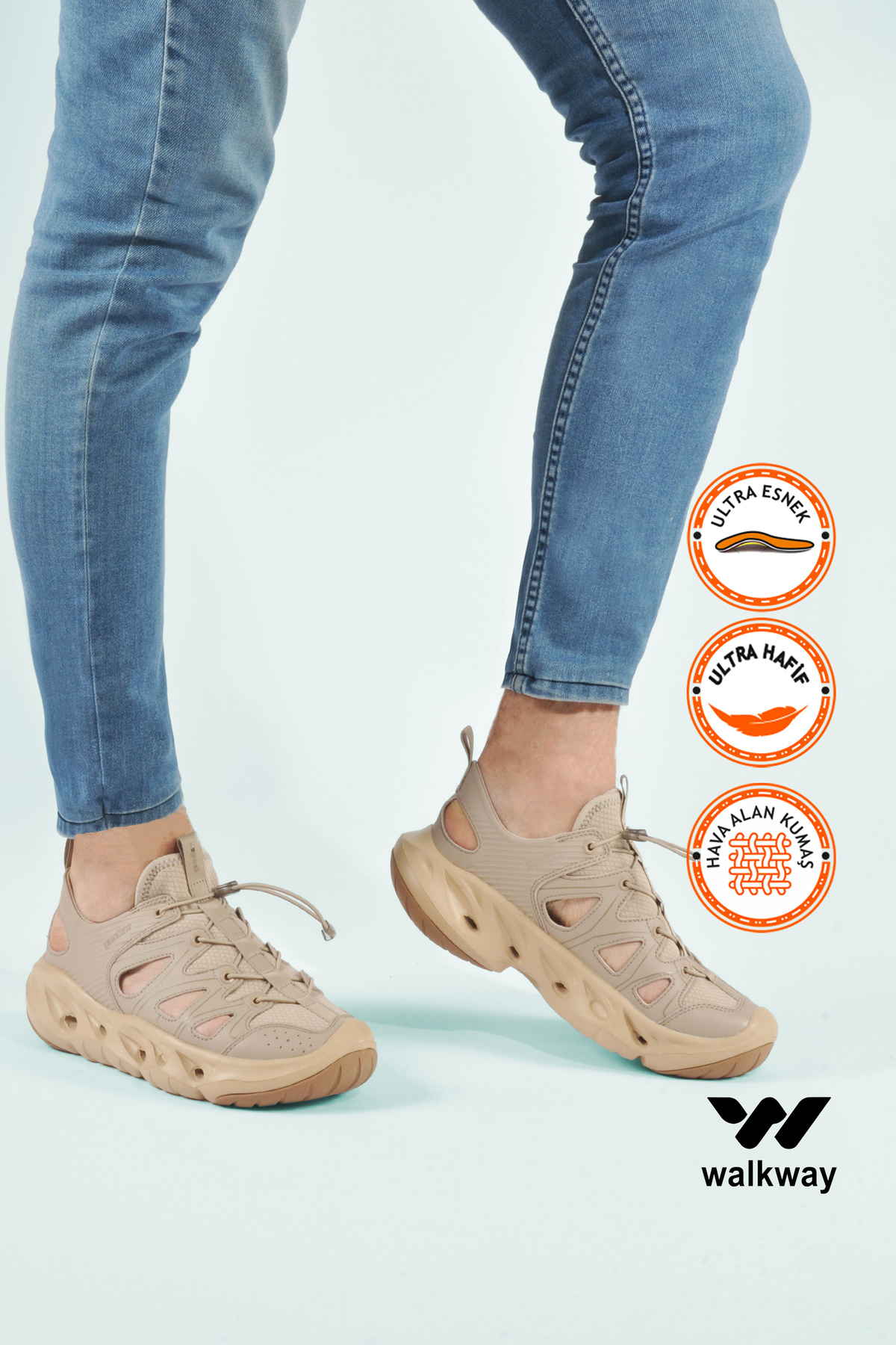 WALKWAY Bej Hafif Esnek Hava Alabilir Erkek Spor Ayakkabı Sandalet Plaj Ayakkabısı Asmara M