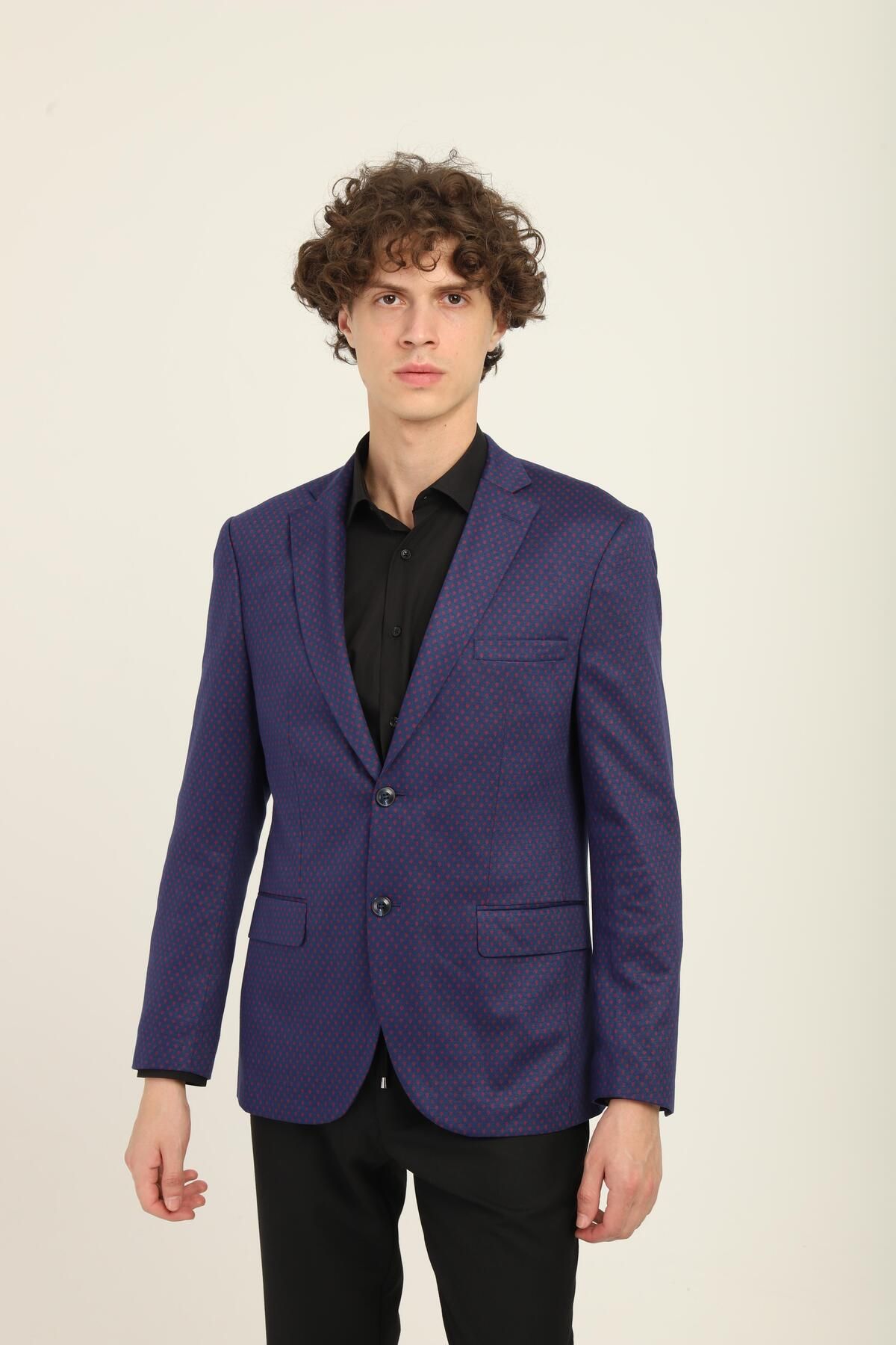 AGUSTİNİ-Navy Blue Color Claret Red Dot Pattern, Mono Collar Two Buttons Double Slits Single Jacket Medium Fit Pattern |   August 4