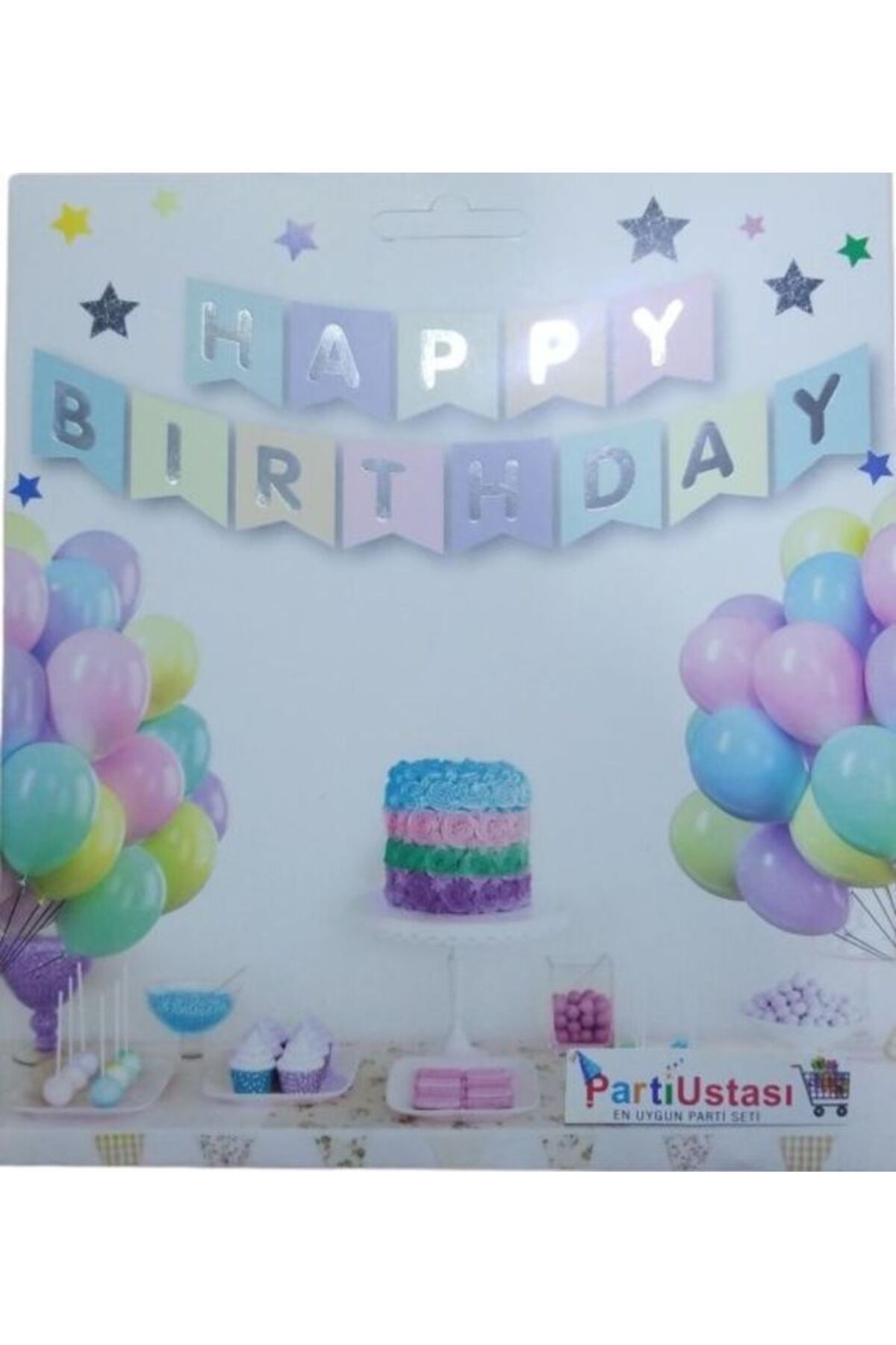 Parti Ustası YAZI VARAKLI ZARF BANNER HAPPY BIRTHDAY MACARON GÜMÜŞ