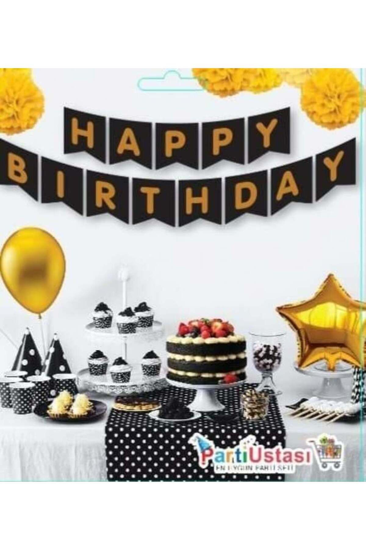 Parti Ustası YAZI VARAKLI ZARF BANNER HAPPY BIRTHDAY SİYAH ALTIN
