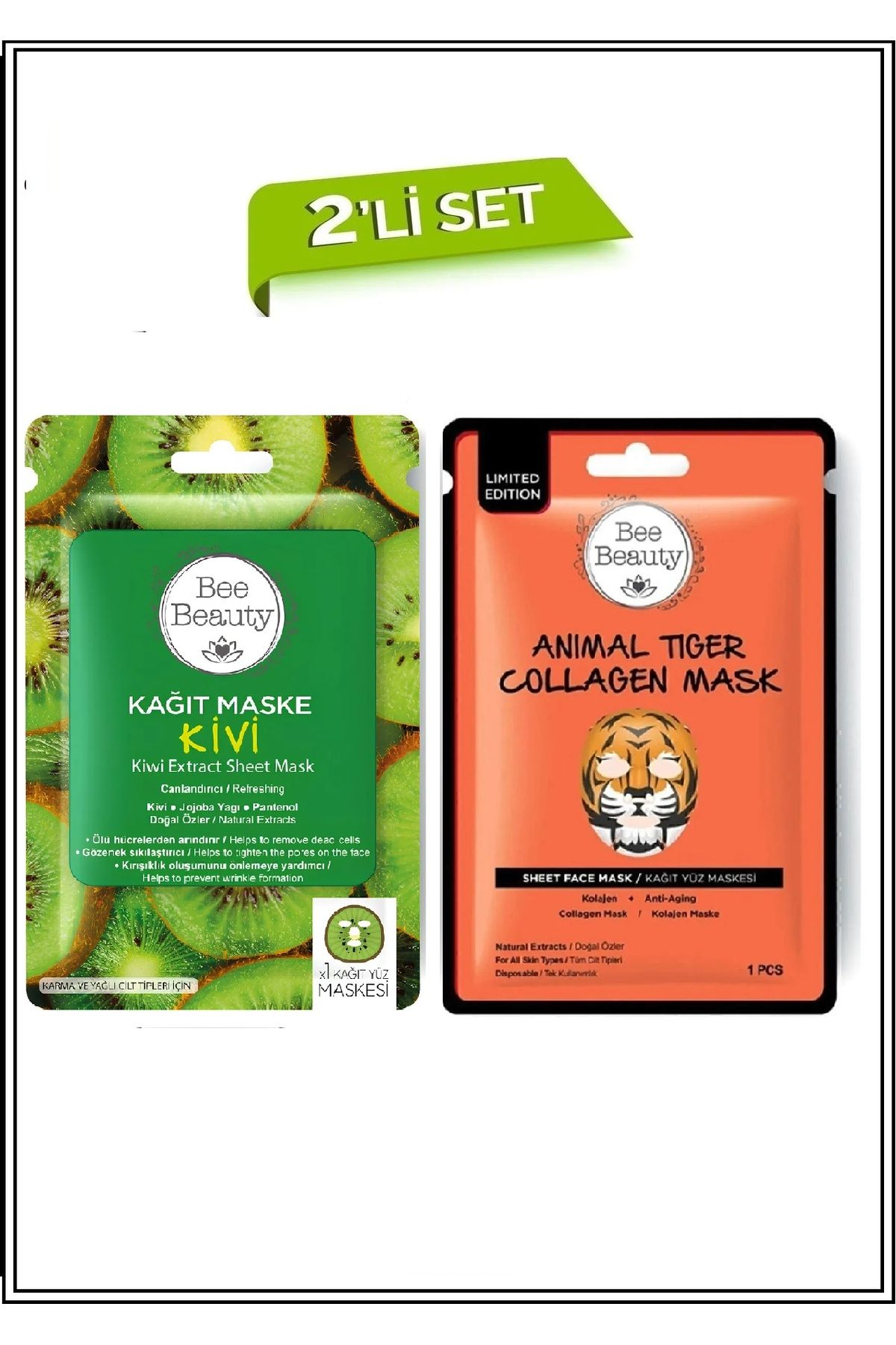 Bee Beauty Tiger Kolajen Maskesi + Jojoba Yağlı Kivi Maskesi 2 Adet Avantajlı Maske Seti
