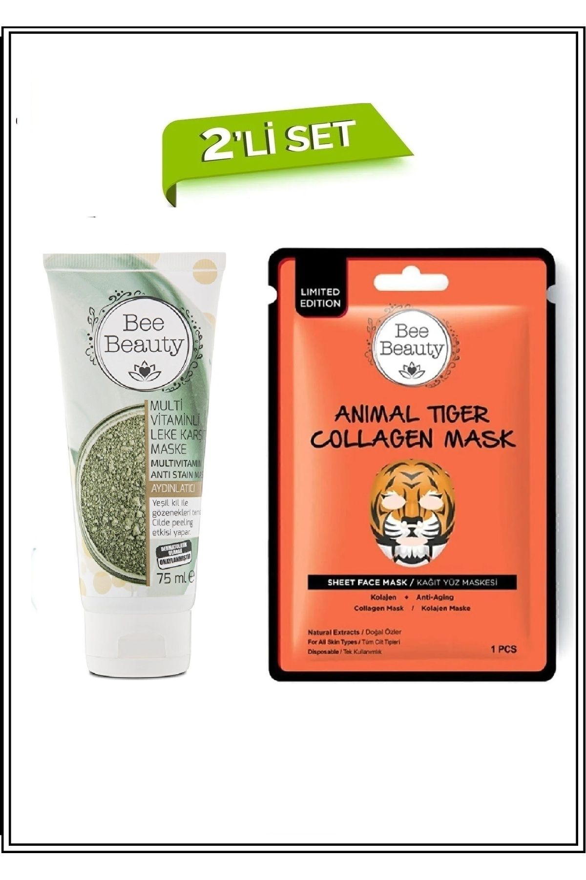 Bee Beauty Multi Vitaminli Kil Maskesi + Tiger Kolajen Yüz Maskesi 2 Adet Avantajlı Set