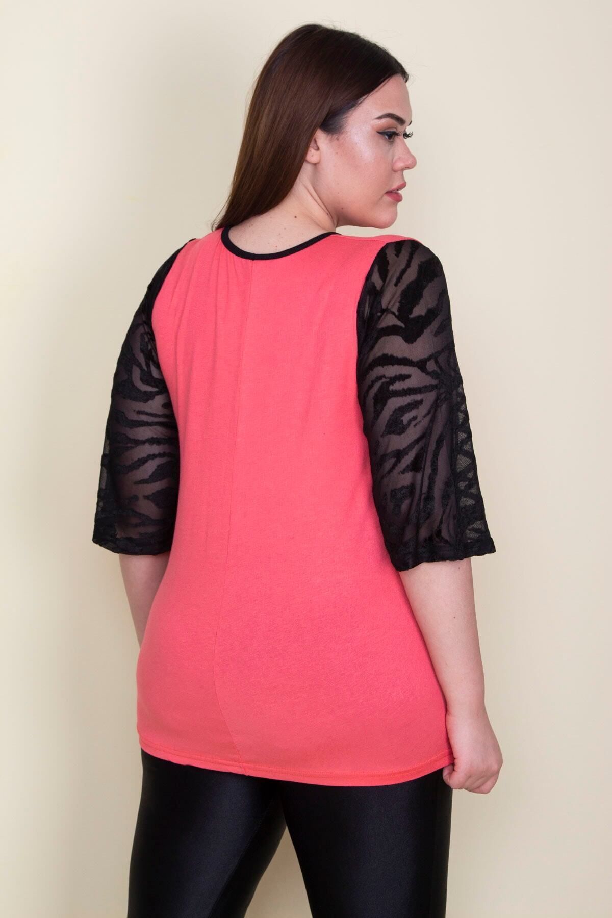 Şans-Women's Large Size Pomegranate Sleeves Flocked Tulle Detailed Viscose Blouse 65n25580 6