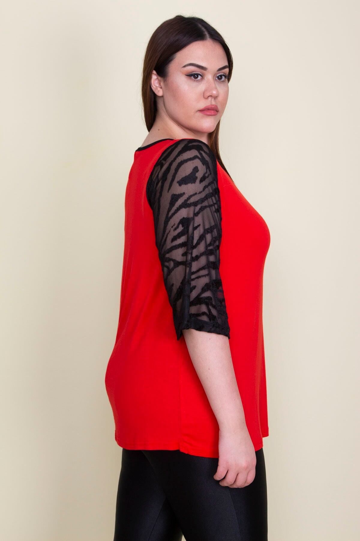 Şans-Women's Large Size Red Sleeves Flocked Tulle Detailed Viscose Blouse 65n25580 5