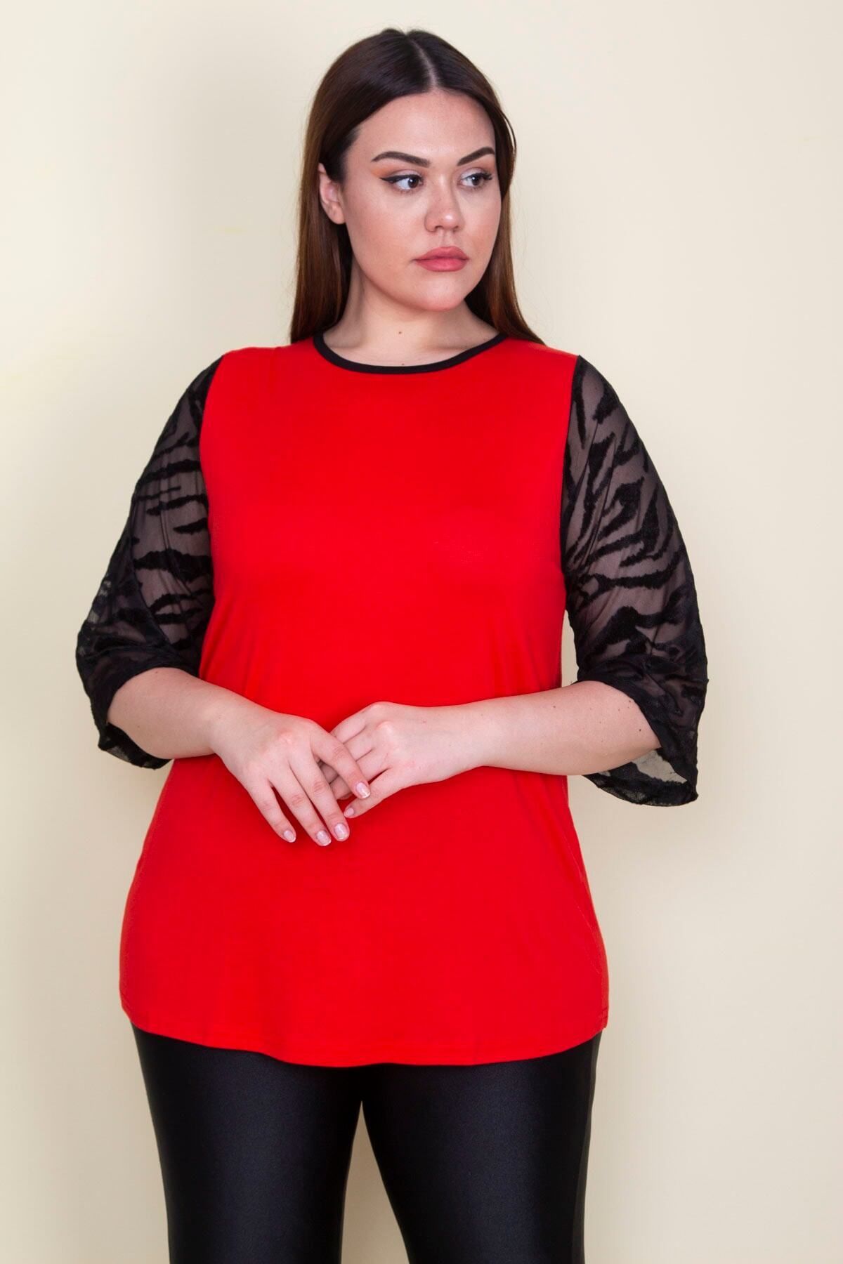 Şans-Women's Large Size Red Sleeves Flocked Tulle Detailed Viscose Blouse 65n25580 3