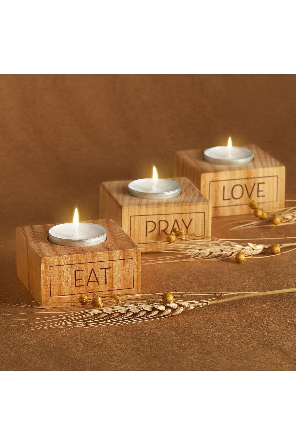 Mu Art Ahşap Mrt Eat | Pray | Love Motto Tasarımlı 3Lü Ahşap Mum Seti Art 871301