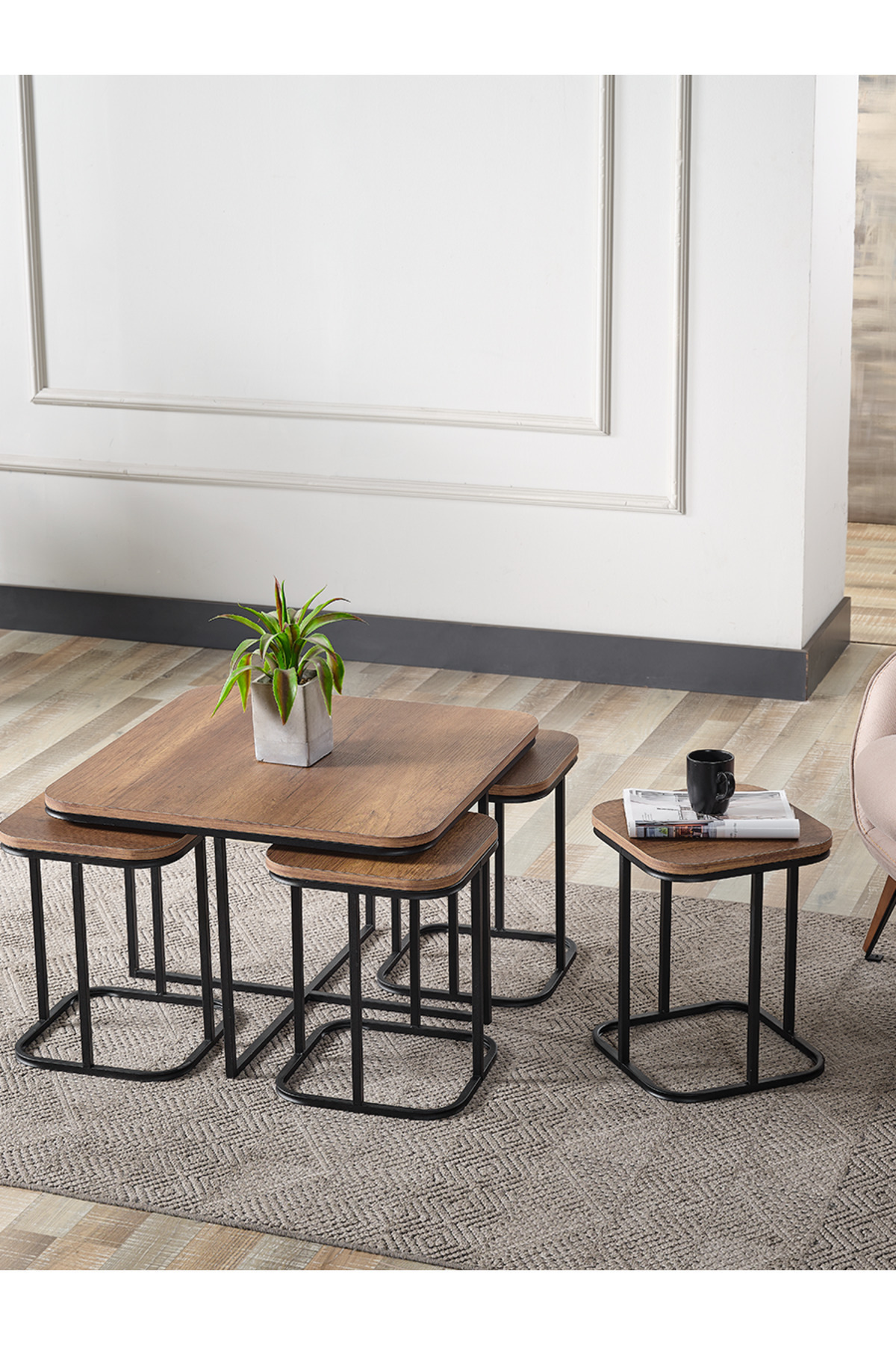 5 Li Sehpa Ahşap Siyah Metal Ayak Takım Sehpa Orta Sehpa Bohem lüx