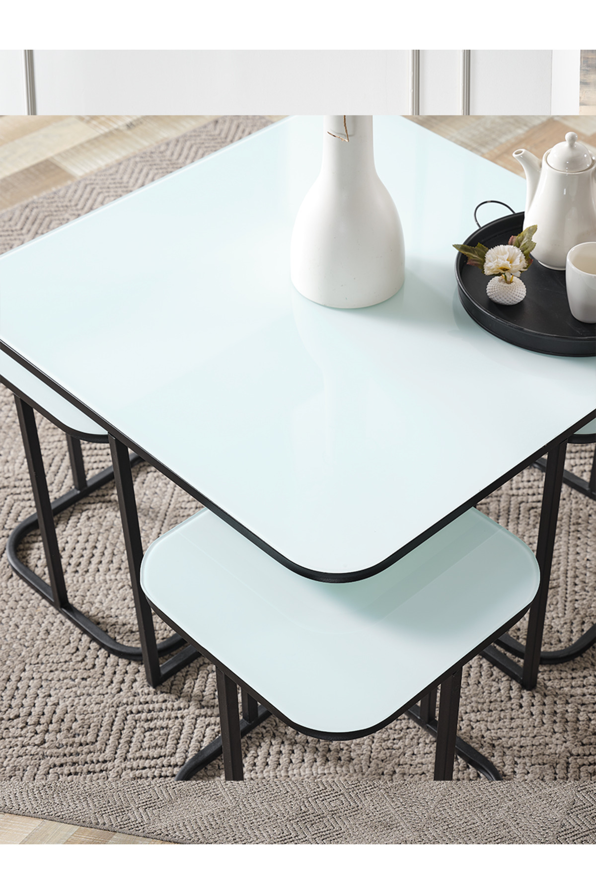 5 Li Iç Içe 4 1 Beyaz Temperli Cam Siyah Metal Ayak Takım Sehpa Orta Sehpa Bohem