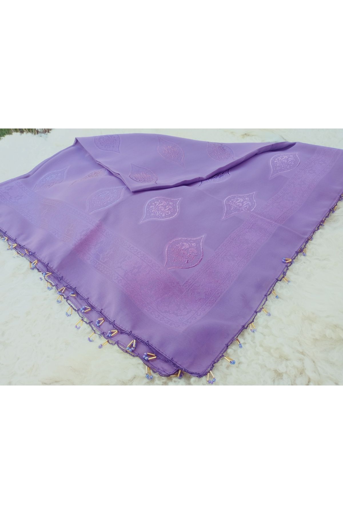 hoaryage-Handmade Crochet Patterned Jacquard Scarf Beaded Scarf on Fabric 4