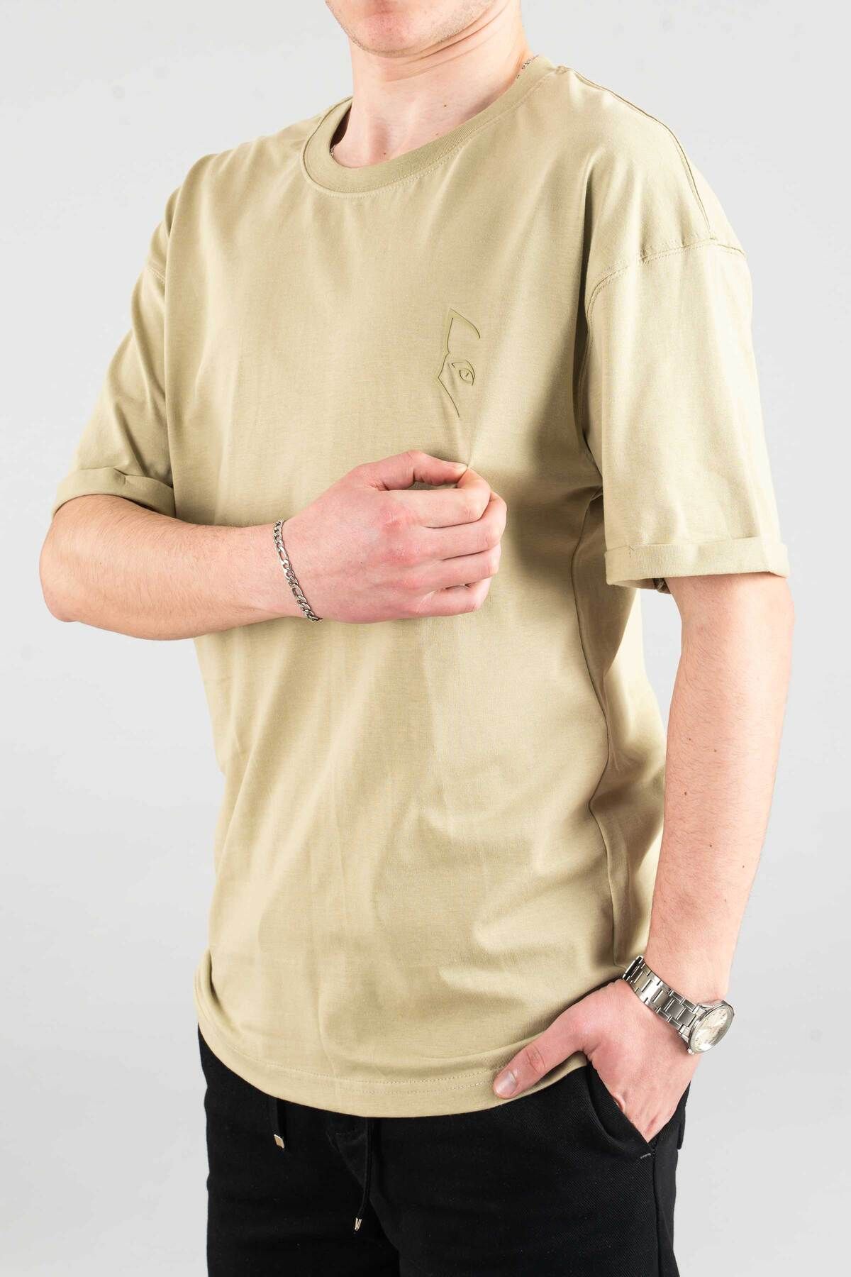bombe-Ανδρικό μπλουζάκι με λαιμόκοψη Basic Semi Oversize μονόχρωμο μπλουζάκι χακί 3
