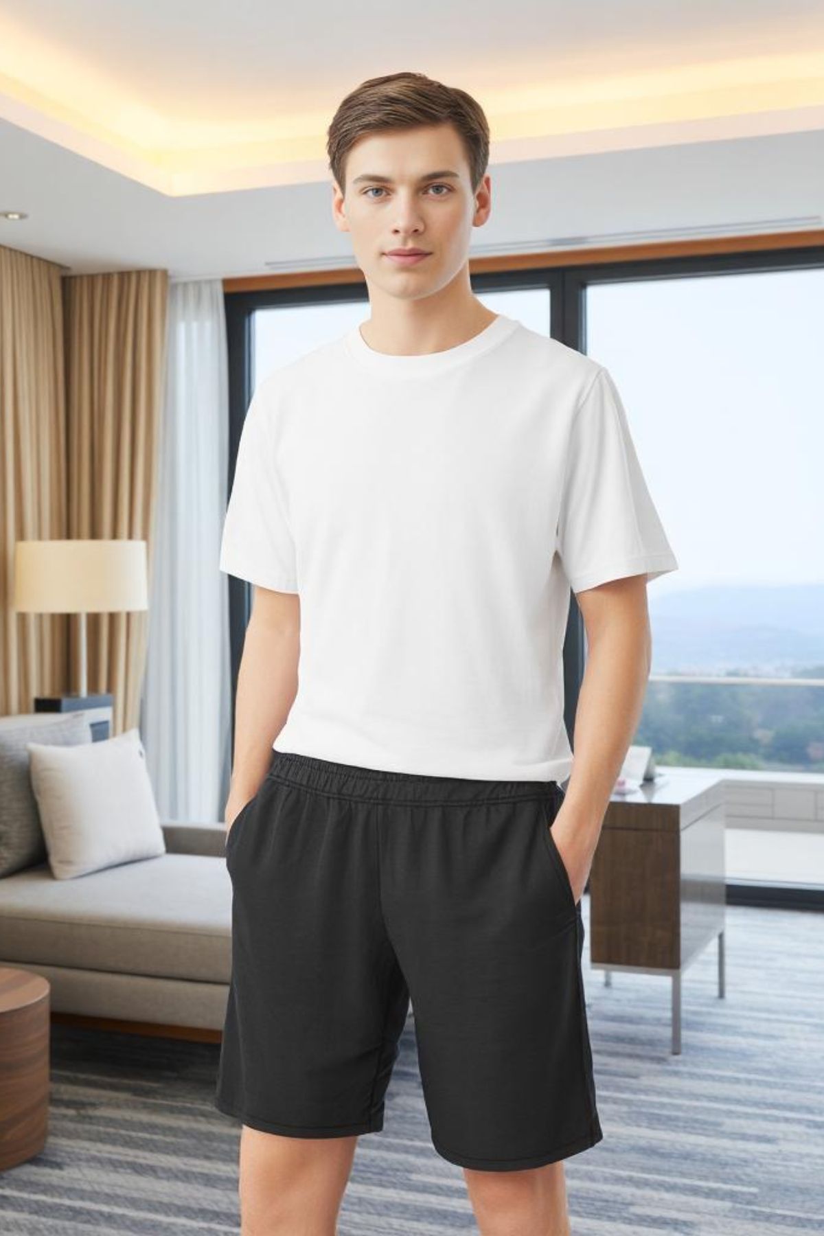 Elemge Pamuklu Erkek Şort Pijama Cepli Penye Esnek Rahat Kalıp Lastikli Terletmez Esnek Siyah Likralı Relax
