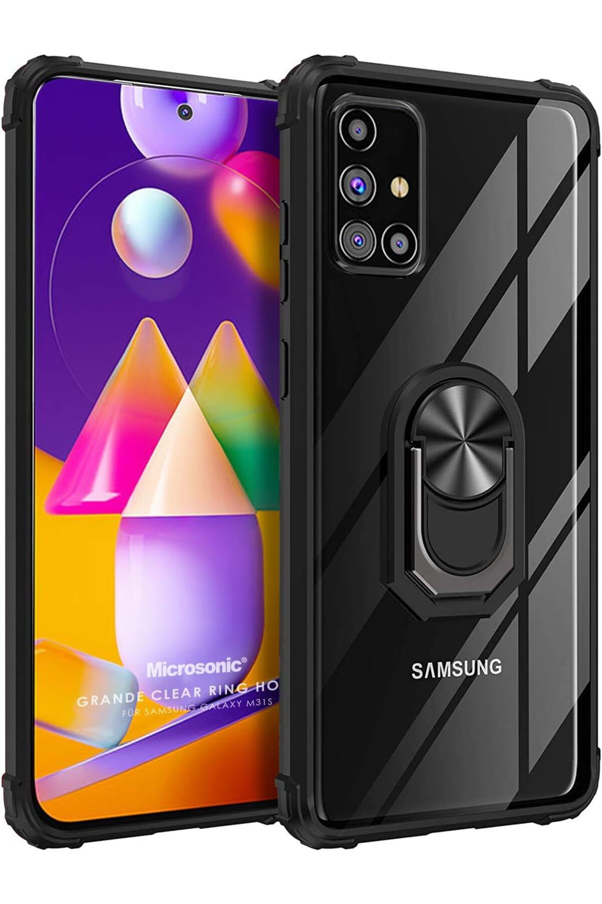 STOREMAX ELZ Galaxy M31s için Kılıf Grande Clear Ring Holder Siyah [Galaxy M31s ile Uyumlu Kılıf - Siyah