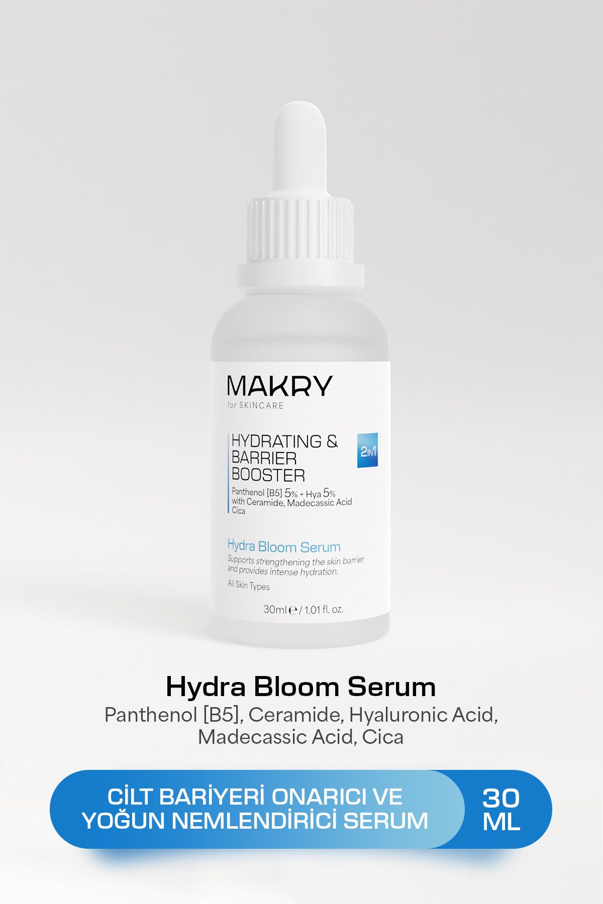 Makry Yoğun Nemlendirici ve Bariyer Onarıcı Cilt Bakım Serumu 30 ML (Hyaluronic Acid, B5, Ceramide, Cica)