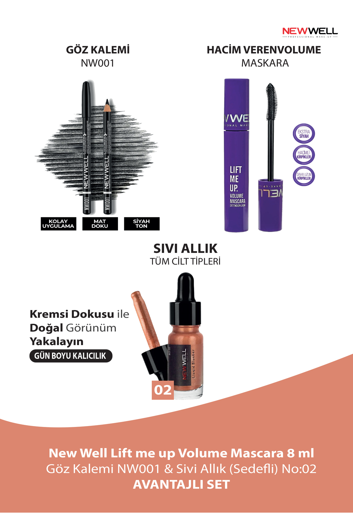 New Well Lift me up Volume Mascara 8 ml Göz Kalemi NW001 & Sivi