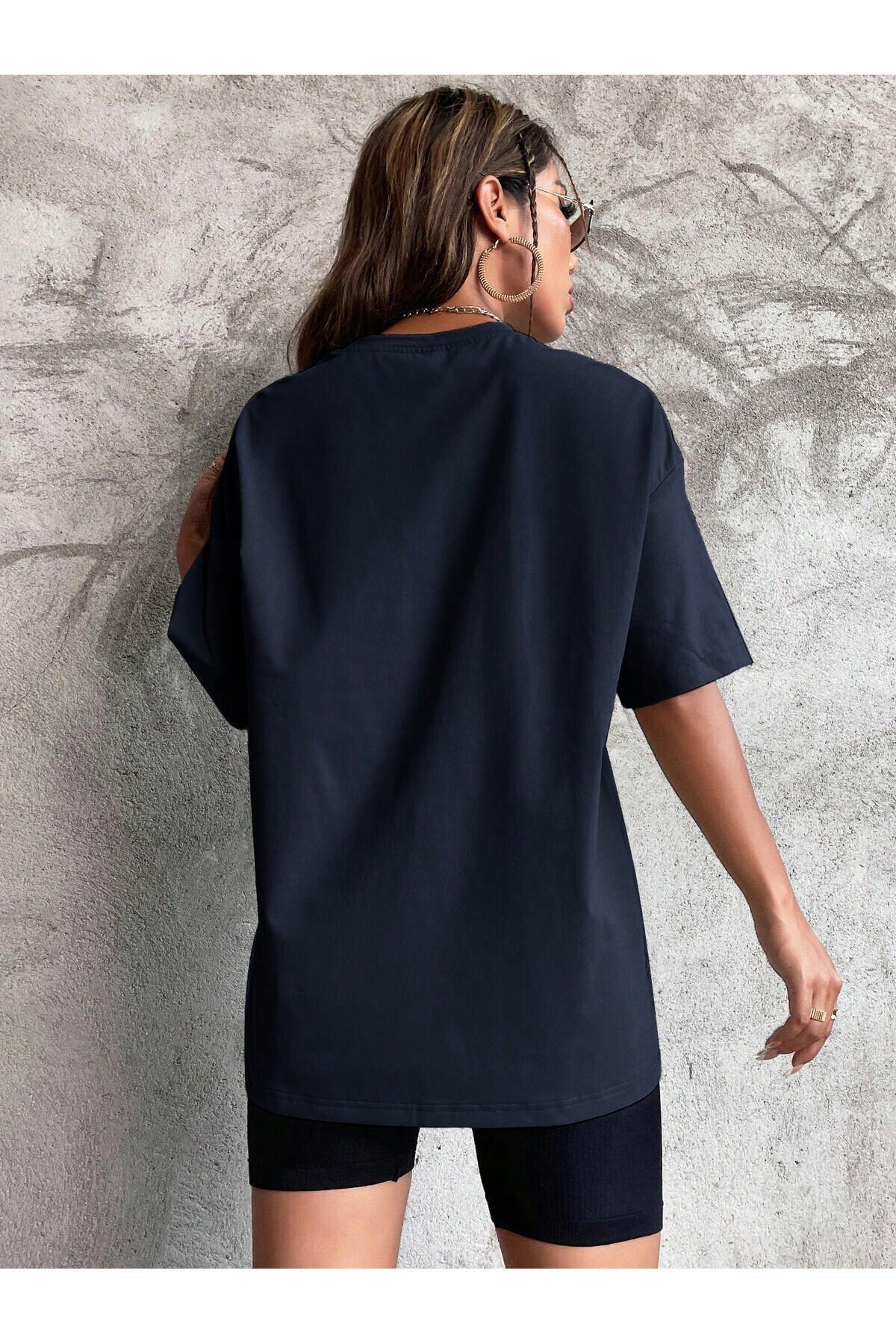 beeton Düz T-Shirt - Lacivert Oversize Bisiklet Yaka Kısa Kol Tişört görsel 4